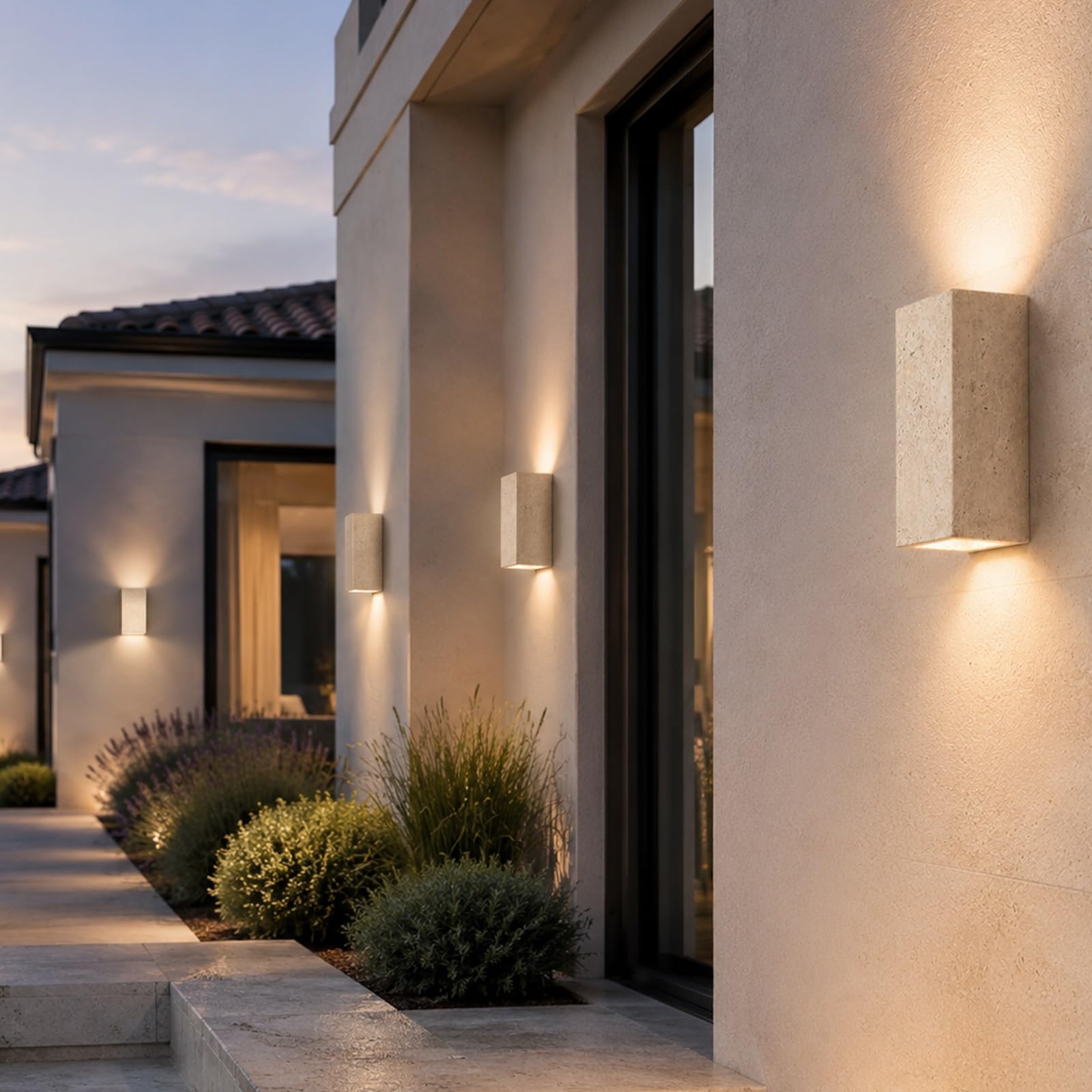Pack 2 Apliques de pared travertino for exterior iluminación arriba y abajo | Lámpara de pared de piedra natural 3000K 9W LED Lámpara de pared de mármol impermeable for porche, jardín y pasillo(8x18cm)