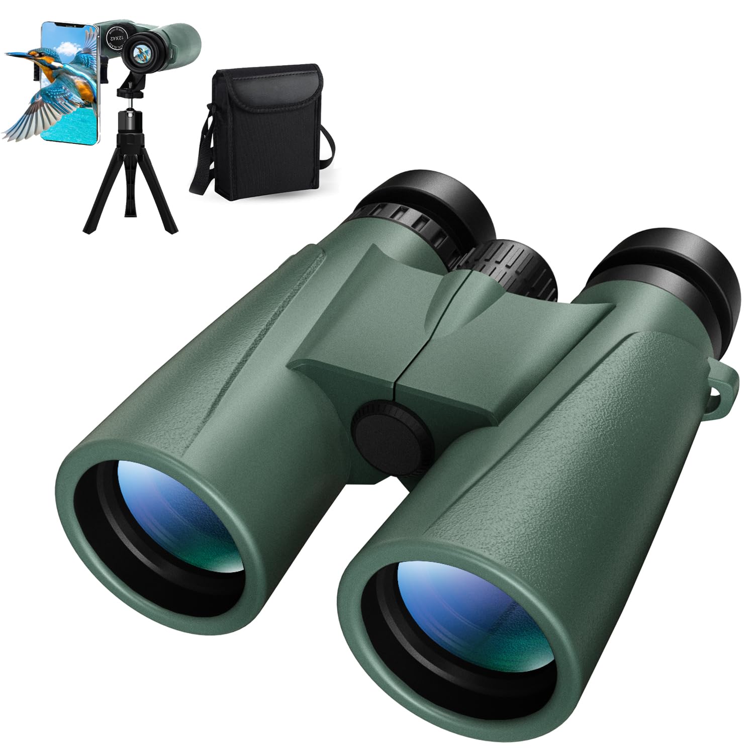 Sounce 12x42 Ultra HD Binoculars for Long Distance – BAK4 Prism, Green Coated Optics – Bird Watching, Wildlife, Safari – Includes Phone Adapter & 360° Rotatable Tripod – Green-image-9
