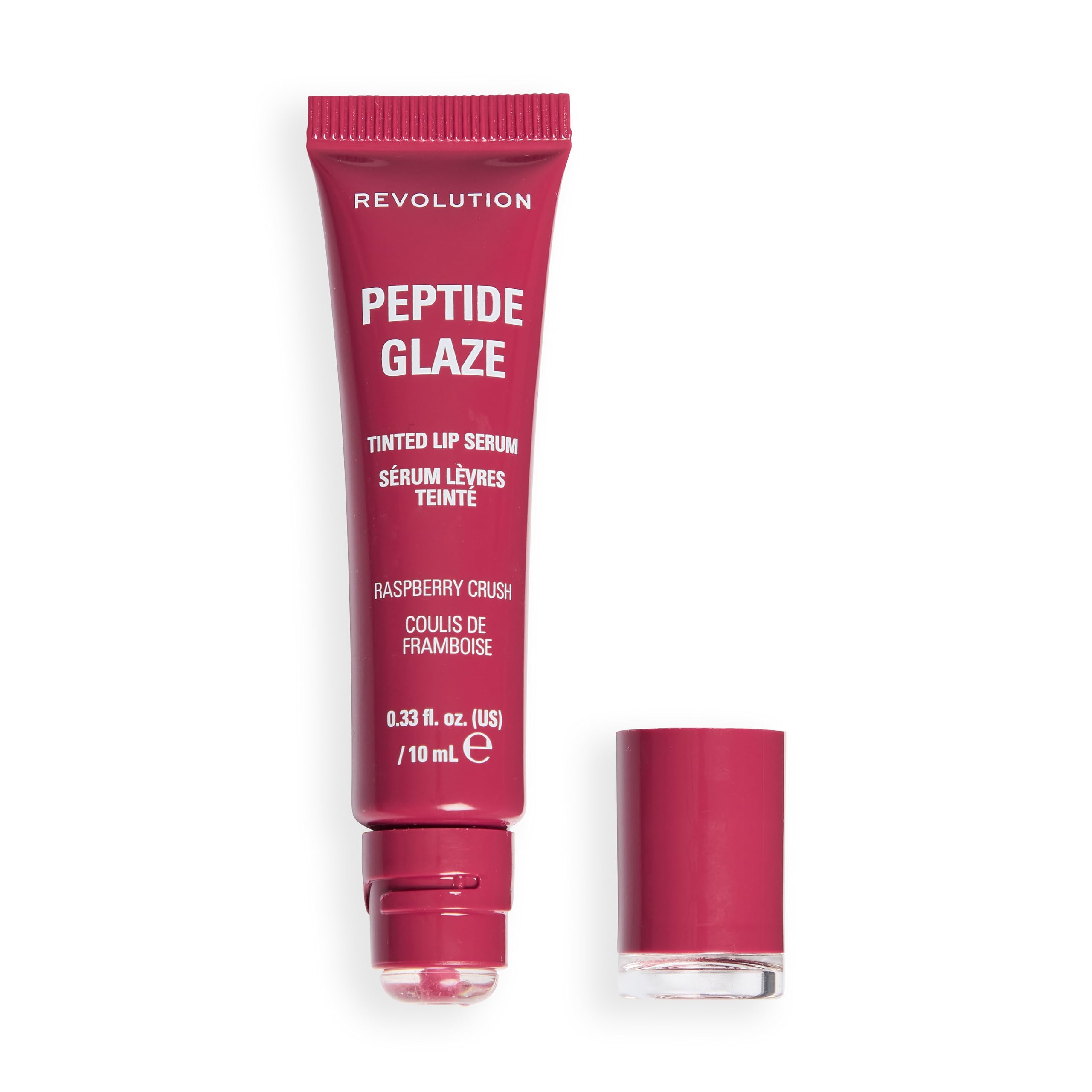 Revolution Peptide Glaze Tinted Lip Serum, Hydrating, Non-Sticky Lip Balm, Infused with Squalane & Vit E for Soft, Smooth Lips, Raspberry Crush, 10ml