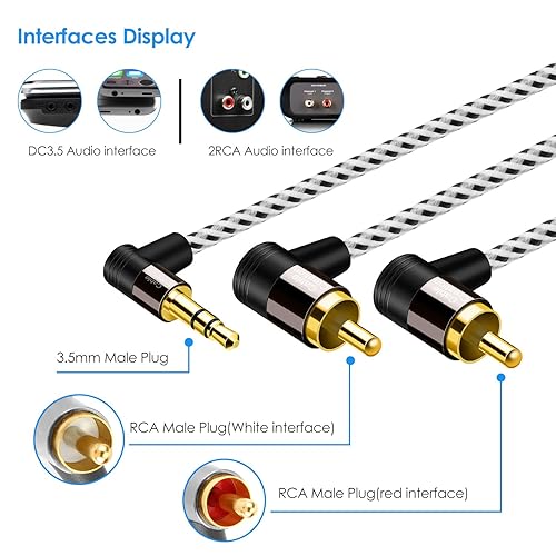 Miniatura 3 de CableCreation Cable de 0.138 in a RCA de 3 pies, ángulo 2RCA macho a 0.138 in macho estéreo adaptador divisor en Y compatible con teléfonos, laptop,