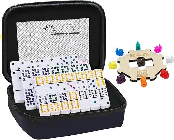 ESSAJOY Double 12 Mexican Train Dominoes, 91 Tiles Dot Dominoes Games in Portable Case with 9 Trains Instruction Booklet Score Pads and Octagon Shape Hub Family Party Table Games