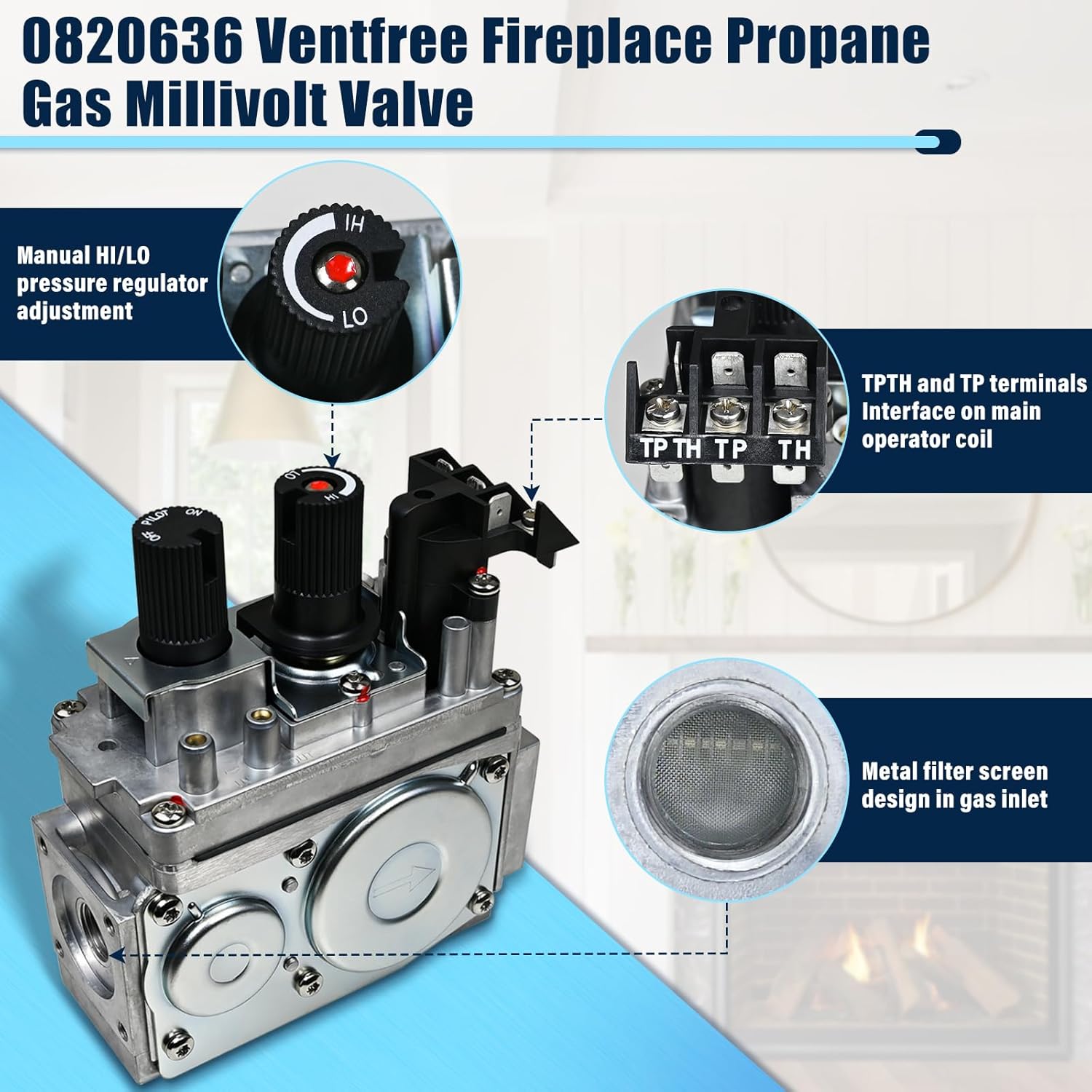Replacement for SIT 0820636 14D0468 Propane (LP) Millivolt Gas Valve for Vent-Free Gas Fireplaces, Vent-Free Gas Logs, and Vent-Free Stoves and Other Vent-Free Decorative Applications