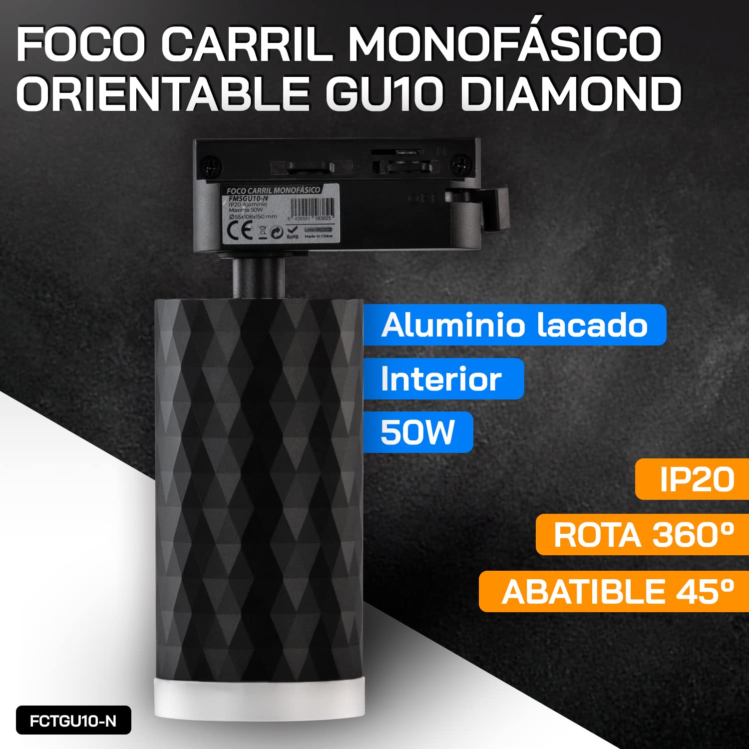 Popp® Foco de carril monofásico para bombilla GU10 (Bombilla no incluida) DIAMOND aplique orientable interior moderno (NEGRO, Pack 5 unidades)