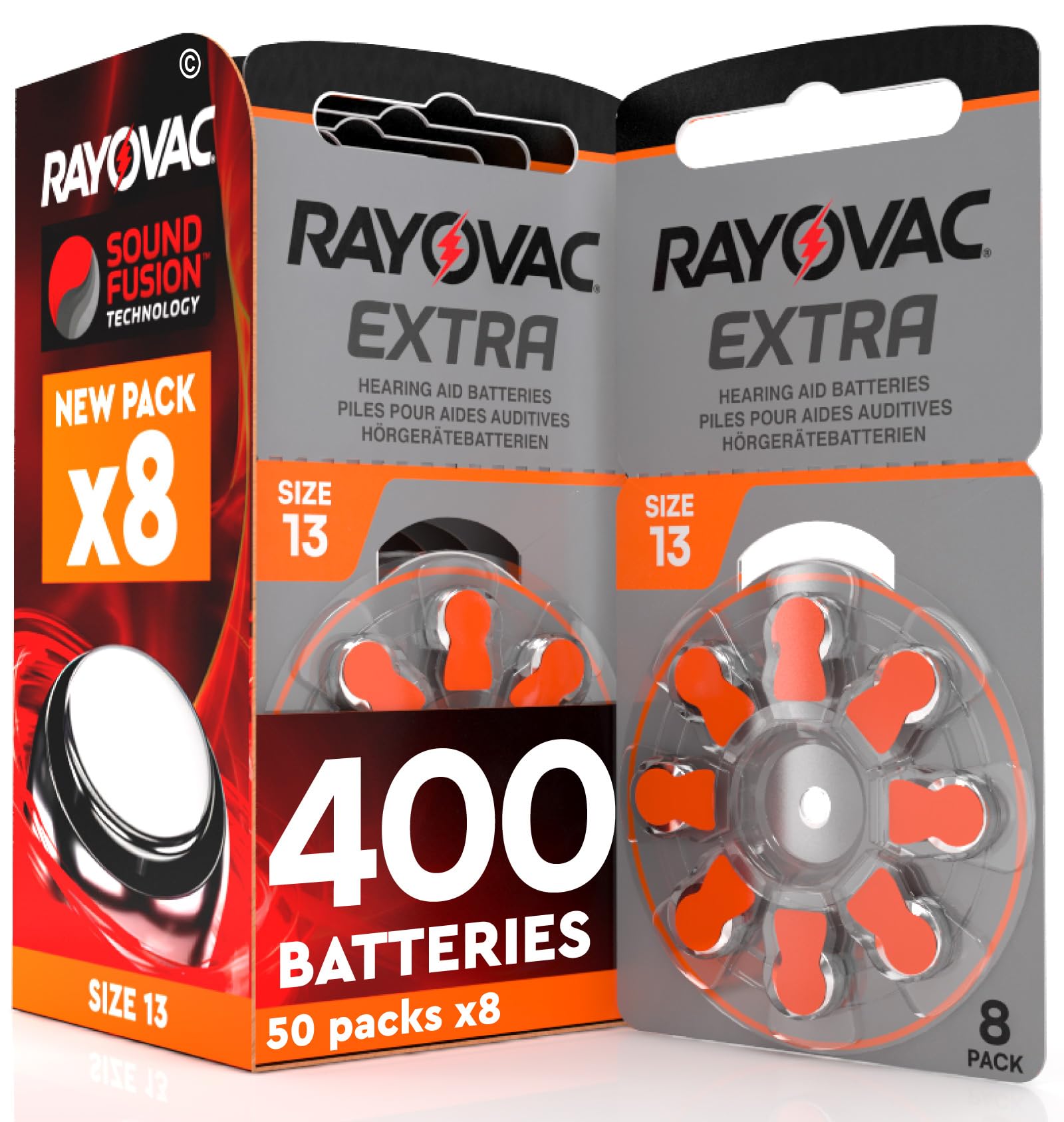 400 Batterie per apparecchi acustici Rayovac Extra 13. - 50 lampadine da 8 batterie