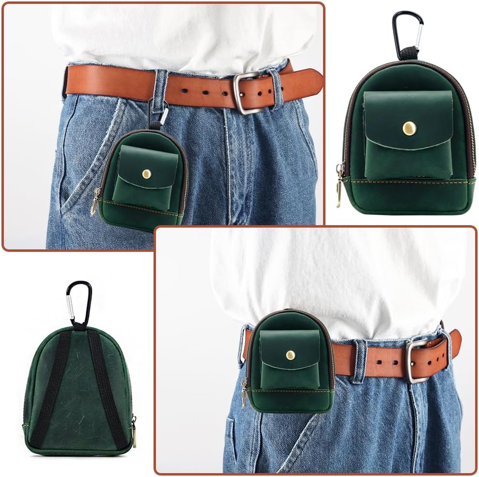 Leather Mini Backpack Keychain Medieval Pouch Keychain, Coin Organizer, Change Holder, Leather Zipper Pouch SiegYma 1Pcs for Men & Women (blackish green)