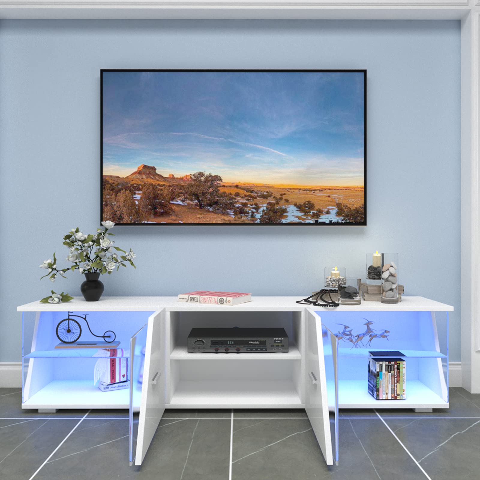 Dripex Meuble TV Bas Blanc Brillant avec éclairage LED 150 x 37 x 35 cm