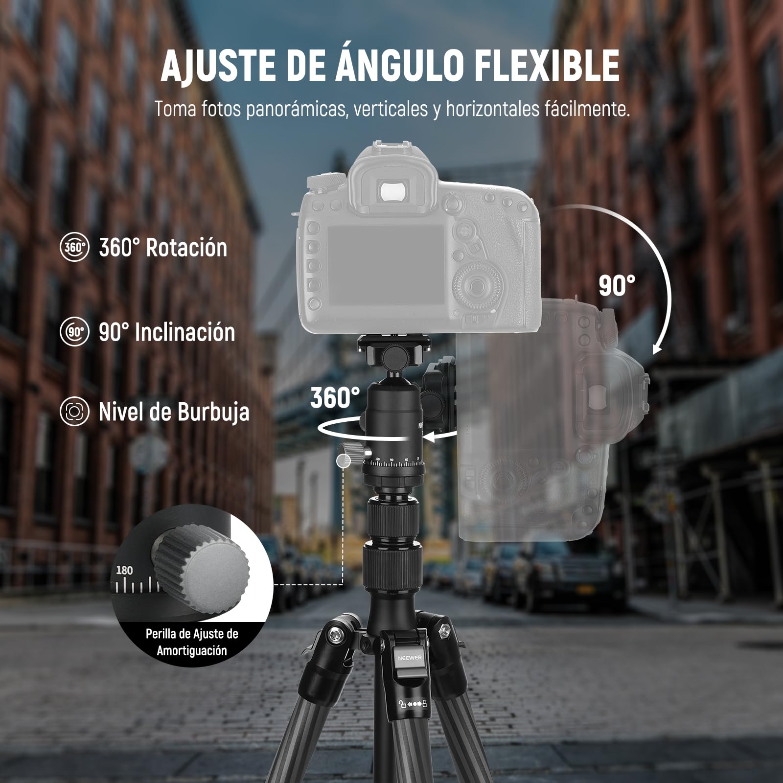 NEEWER Trípode Monopié Fibra Carbono Cámara,65" Ligero Compacto Portátil Viaje DSLR Video Tripode, 360° Rótula Placa QR Antideslizante Eje Central Invertido Patas Reversibles, Carga Máx 13,2lbs, TP39