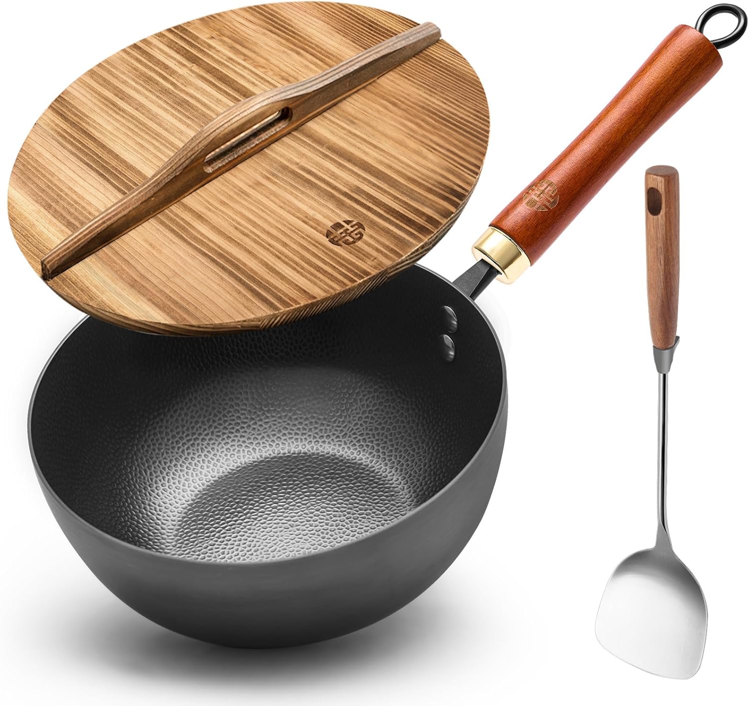 WANGYUANJI Carbon Steel Wok with Lid, 8.7" Small Wok & Stir Fry Pan, Professional Heavy Gauge Flat Bottom for Electric/Induction Stoves, Premium Personal Size Skillet for Solo Cooking (Black)