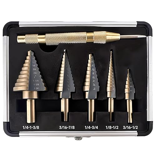 Juego de 6 brocas escalonadas para metal, 50 tamaños, vástago triplano HSS recubierto de titanio con punzón central para aluminio, madera, plástico,