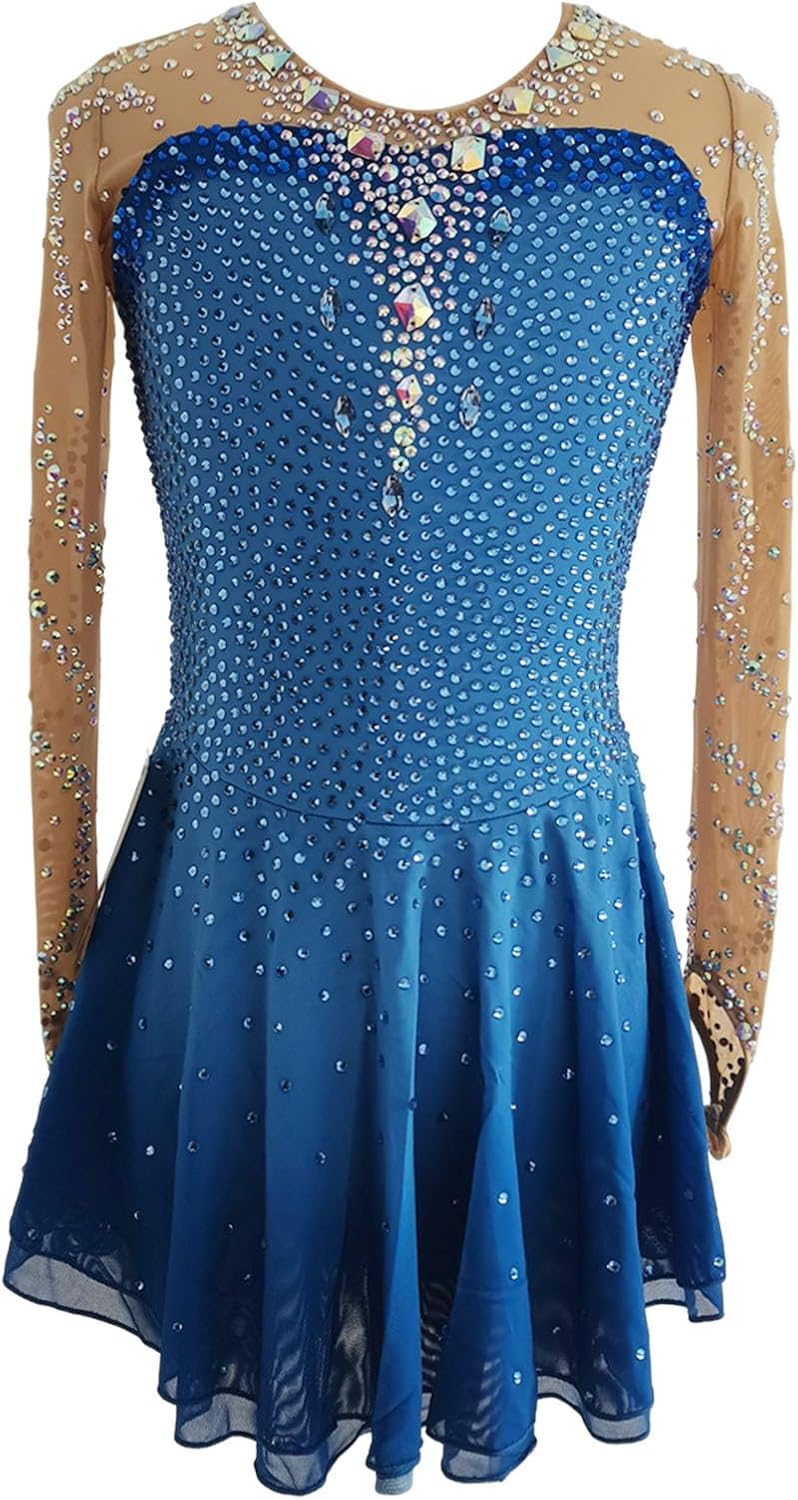 LIUHUO Women's Figure Skating Costume deep Blue net Sleeve Gemstone Decoration Competition