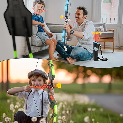 Miniatura 8 de Juego de arco y flecha para niños, paquete de 2 unidades con luz LED con 20 flechas de ventosa, juguete para interiores y exteriores para niños y