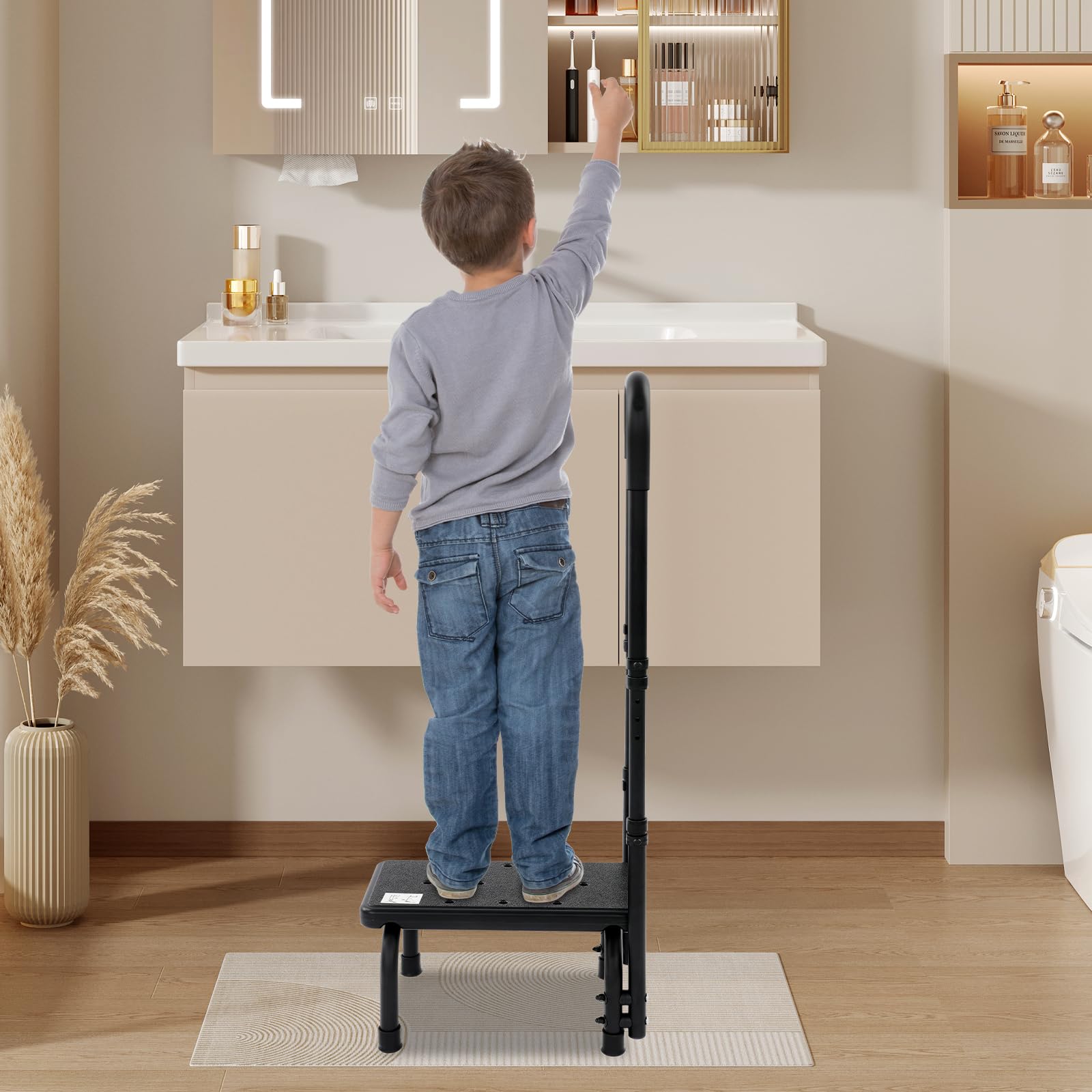 Sgabello con maniglia, regolabile in altezza a 5 marce, scaletta con pedana antiscivolo, base per vasca da bagno per anziani, adulti e bambini in cucina, vasca da bagno, letto (bianco)