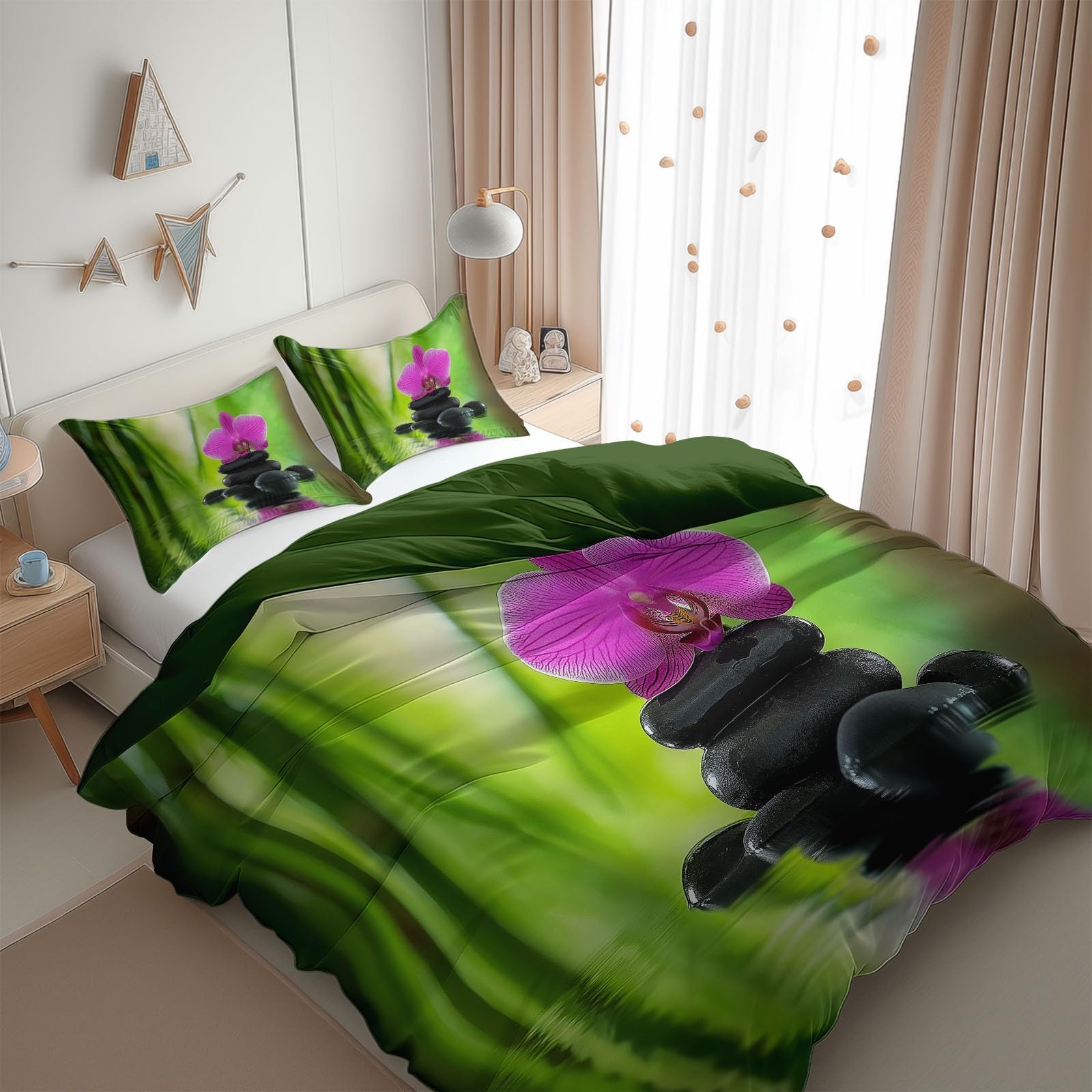 Green Bedding Sets Meditation Bamboo Orchids Print Duvet Cover Set, Comforter Cover Full Size Soft Breathable Reversible 3-Piece Bedding for Kids Teens