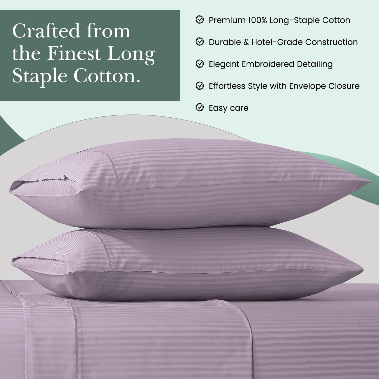 Feather & Stitch 100% Cotton Standard Pillow Covers Set of 2, 500TC Envelope Closure Pillowcases, Soft Luxury Damask Stripe Sateen Weave Pillow Case for Sleeping, 20x30 Inches - Lavender