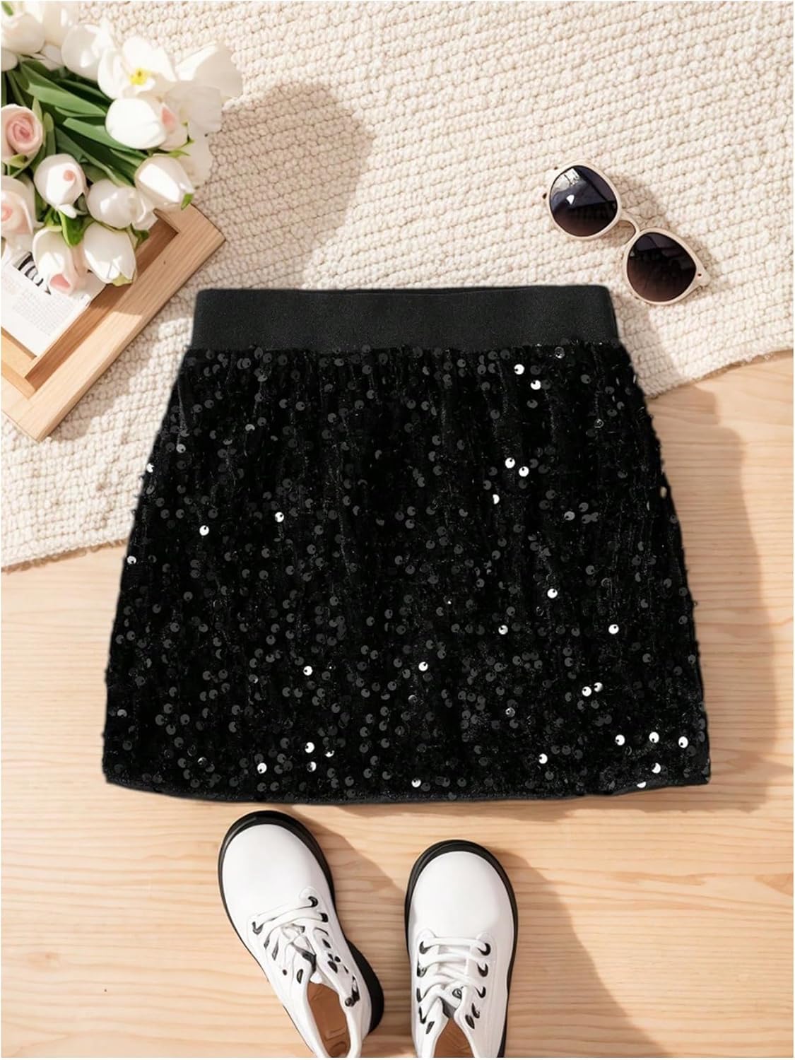 SHENHE Girl's Sequin Skirt Elastic High Waist Sparkly Glitter A Line Mini Party Skirt - Image 2