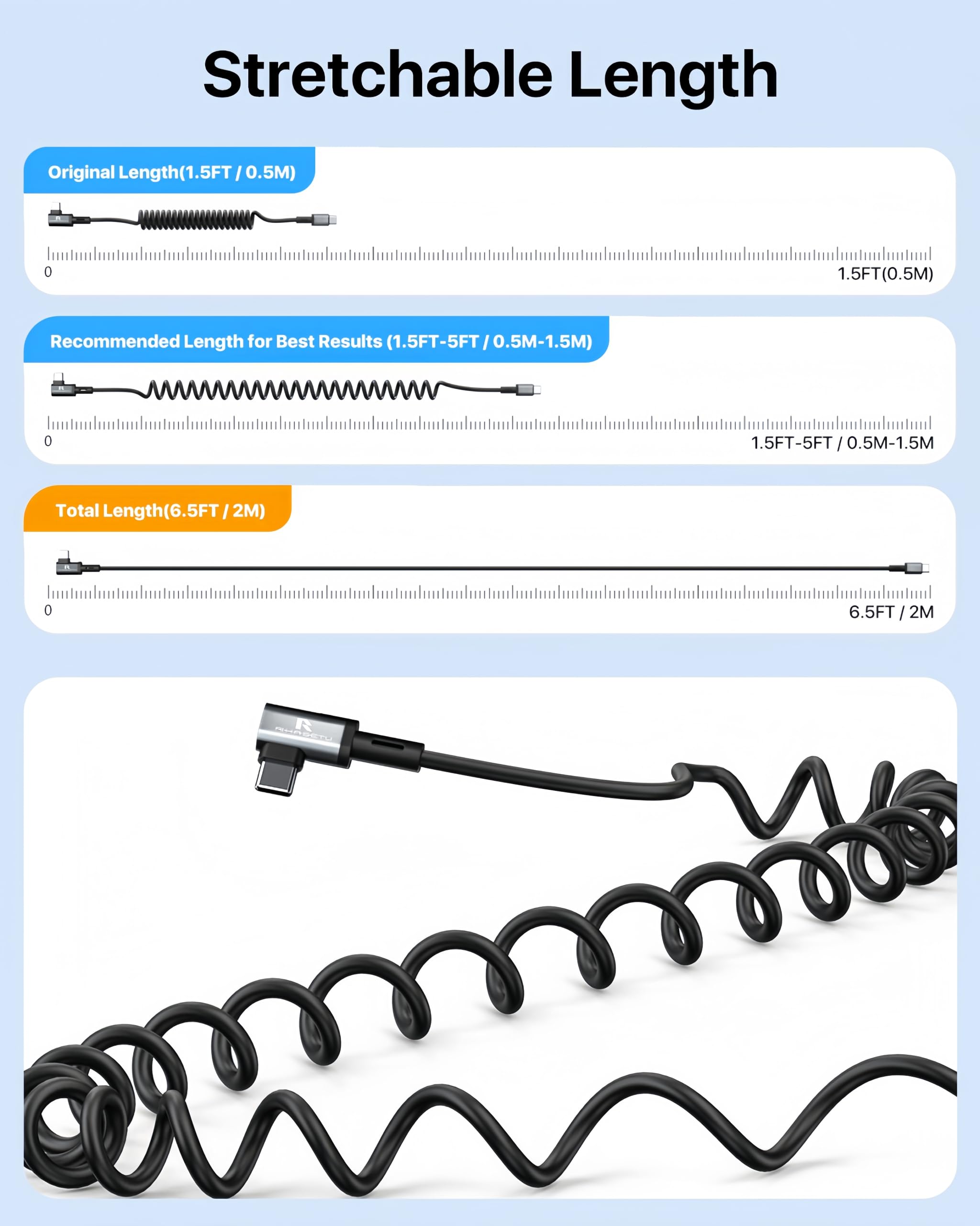 Cable USB C en espiral en ángulo recto USB C a USB C en espiral para Android Auto/Carplay, carga rápida USB tipo C, longitud recomendada [1.5 pies a 4 pies, paquete de 2] para iPhone 16/15 Series