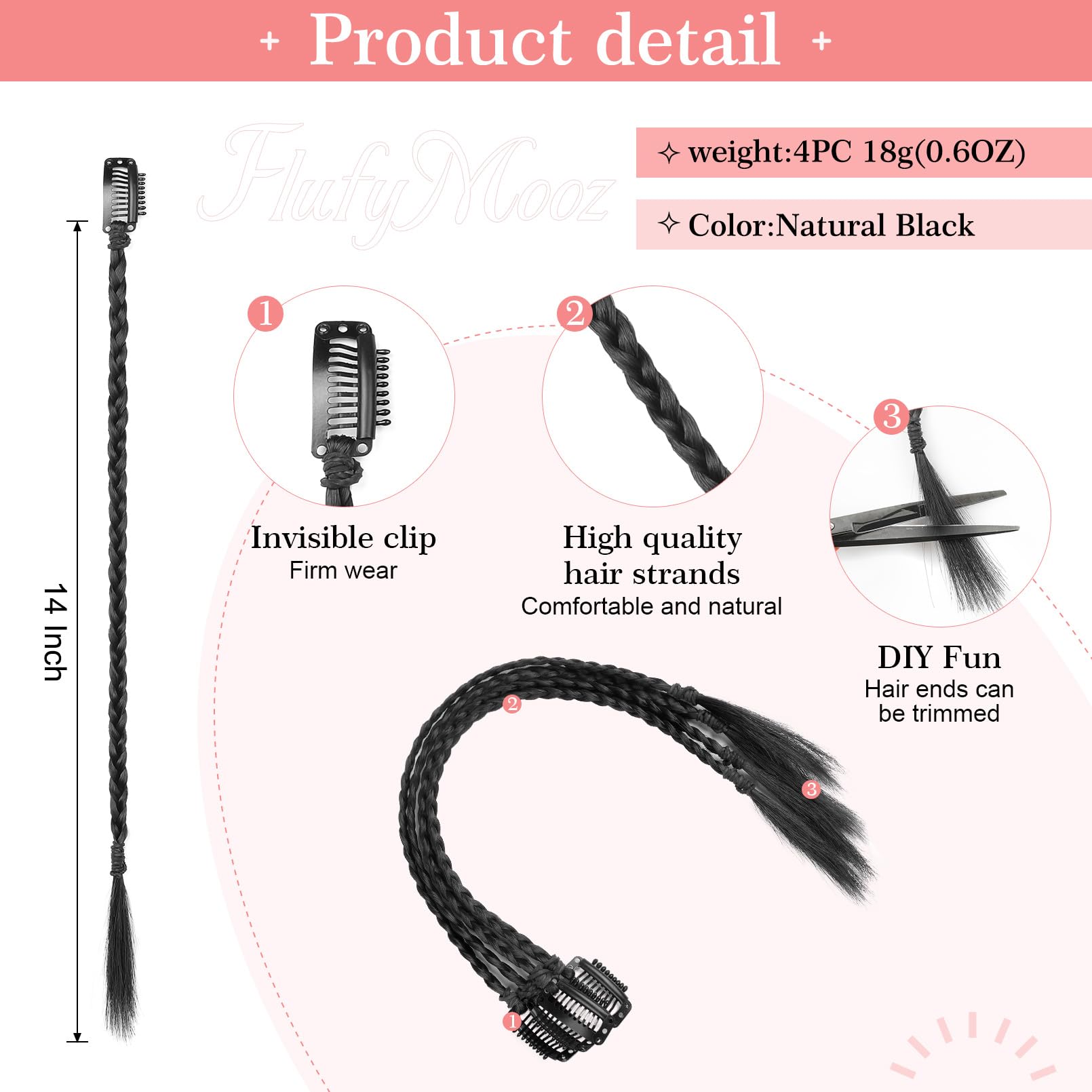 Flufymooz 4PC Braid in Hair Extension 14 Inch Clip in Braid Extensions for Women Synthetic Hairpieces for Daily Use Party Styling (Natural Black) - Image 2