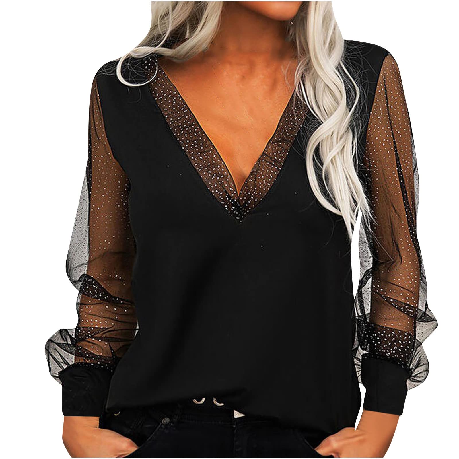 Dyhxuan Camiseta de manga larga para mujer, moderna blusa de tul, manga larga, jersey con cuello en V, túnica monocolor, tallas grandes, blusas cómodas, blusas de verano, blusa de verano, para uso