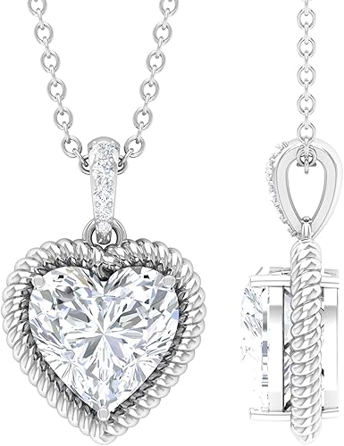 2 CT Heart Shape Zircon Pendant, Solitaire Heart Pendant Necklace with Rope Frame Gold, CZ Heart Pendant with Gold Decorative Bail