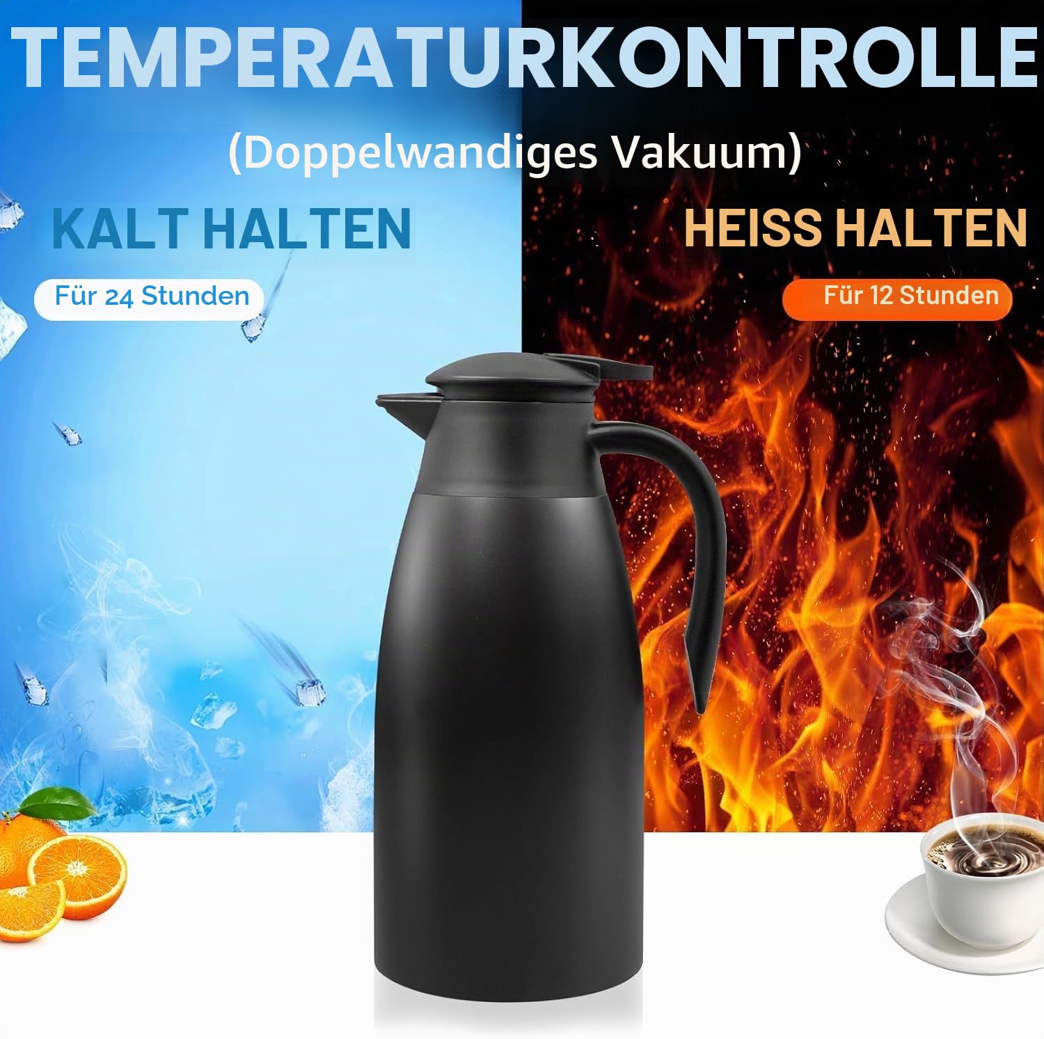 2 Stück Thermoskanne, 2L Thermo Kaffeekanne, Isolierkanne Edelstahl für heiße Flüssigkeiten, Ausgießer mit Bürsten, hält 12 Stunden heiß (Schwarz)