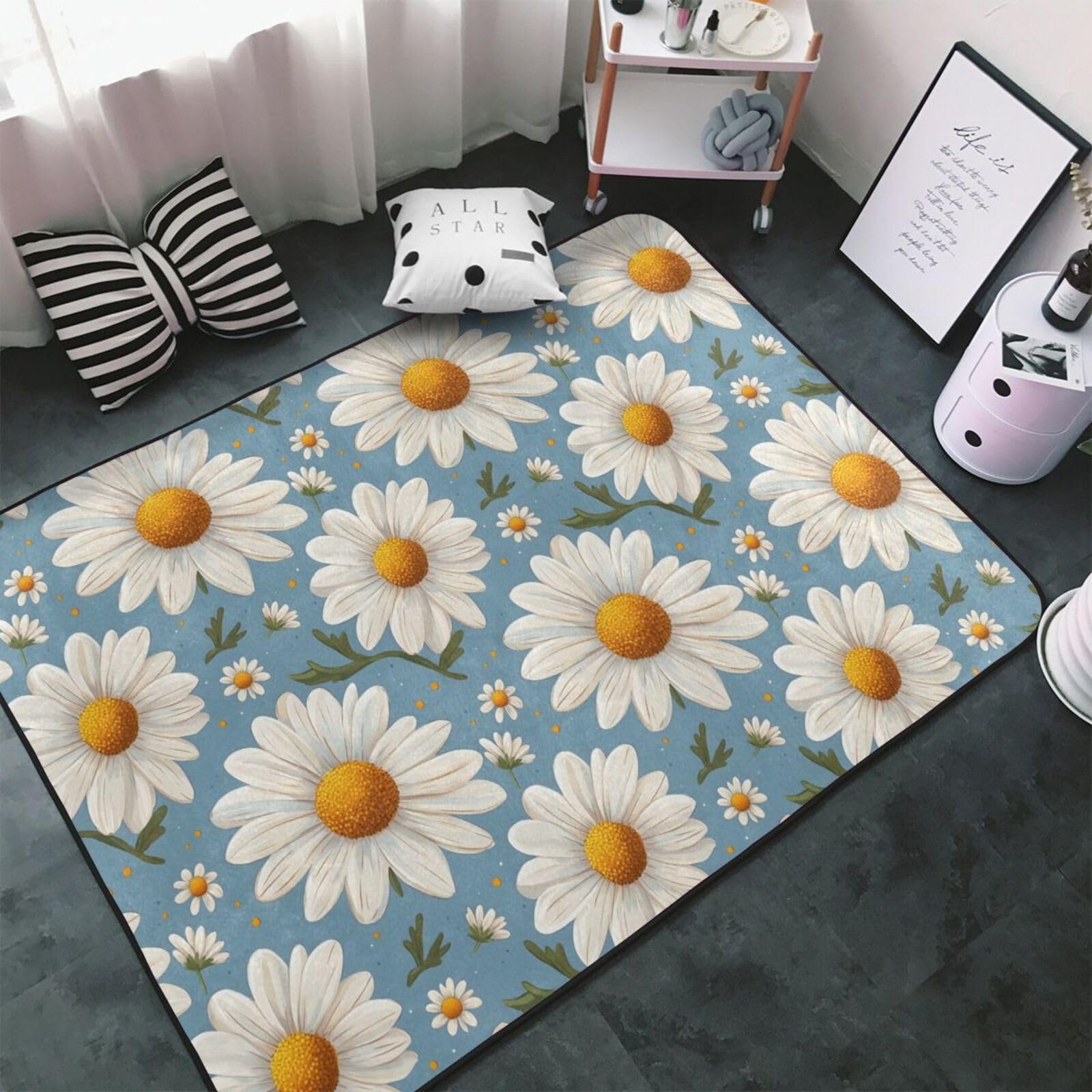 Tapis décoratif pour salon lavable qui ne glisse pas imprimé fleurs