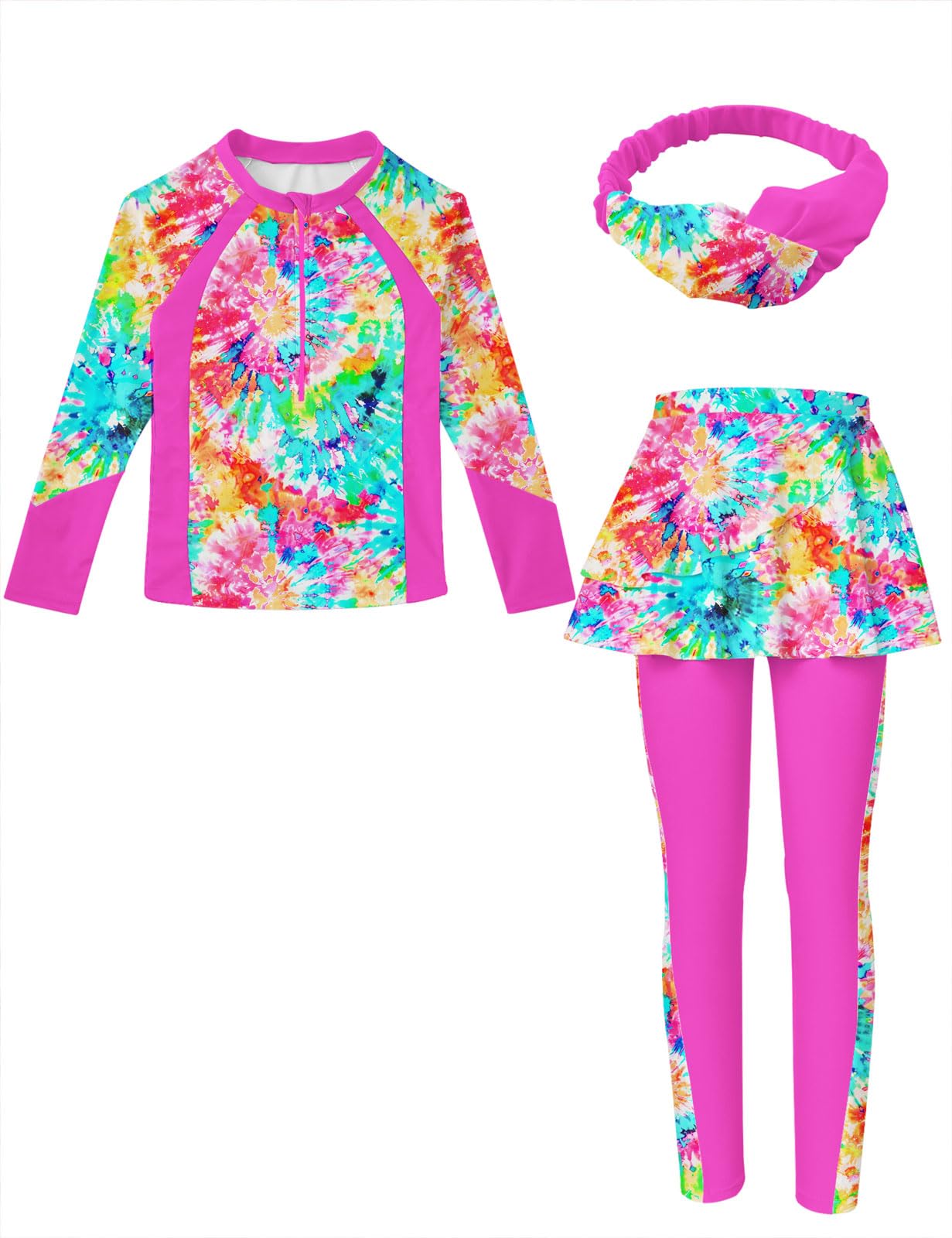Girls Long Sleeve Rashguard Half Zip Swimsuits UPF 50+ Two Piece Swim Sets with Hairband 5-12Y | Two Piece Swim Sets with Hairband