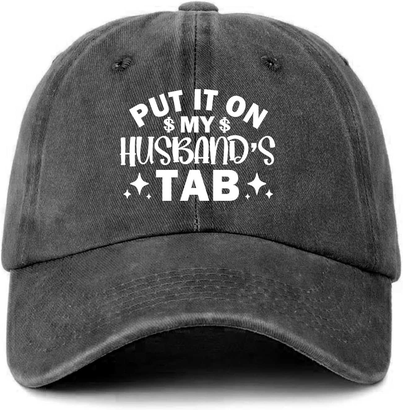 Funny Saying Distressed Washed Black Baseball Hat Put It On My Husband's Tab Pure White Printed Cotton Adjustable Baseball Cap for Men Women Great Birthday Gift for Dad Mom Friend Coworker