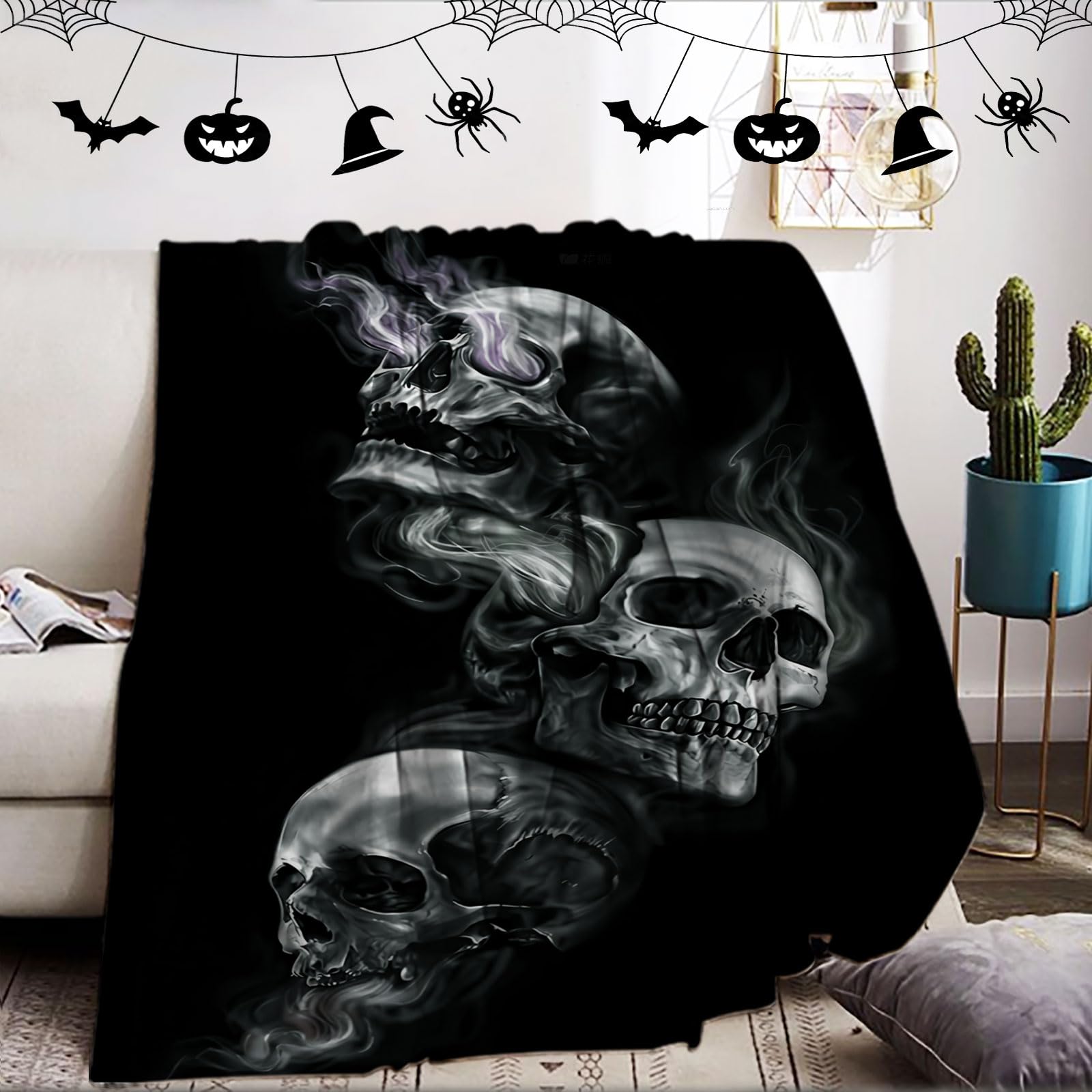 Plaid Halloween 150x200 cm couverture flanelle noire motif crâne et chauve-souris