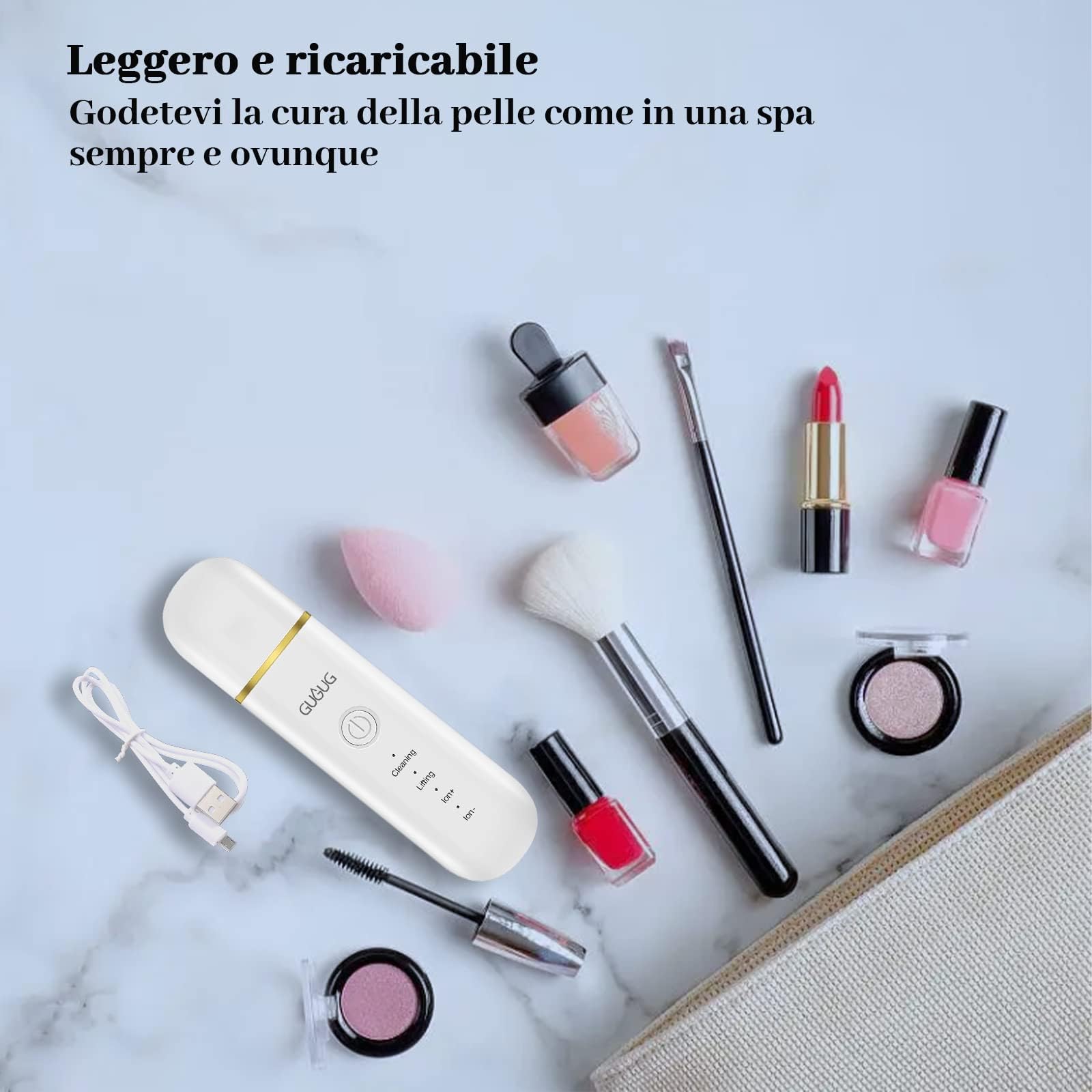 GUGUG Pulizia Viso Ultrasuoni, Skin Scrubber, Spatola Professionale con 4 Modalità Regolabili, Apparecchi per tonificare il corpo, Rimozione Punti Neri e Cura del Viso