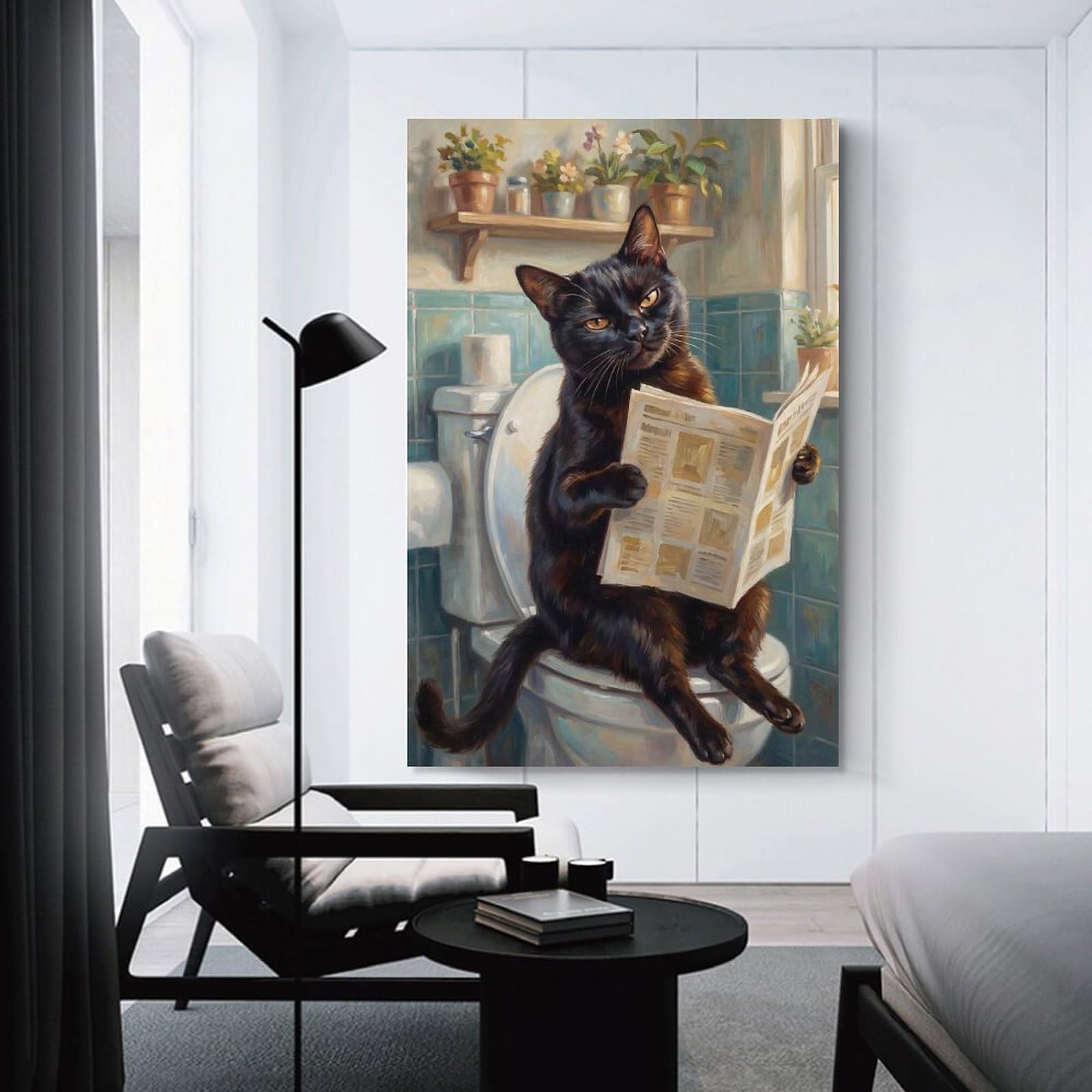 Junmoney Unframe-Style-11 Black Cat Reading Newspaper On Toilet Canvas Wall Decor, 20X30inch(50X75cm), For Wall Displays, Bedrooms Or Room Updates, Wall Decor Suited To Curated Displays