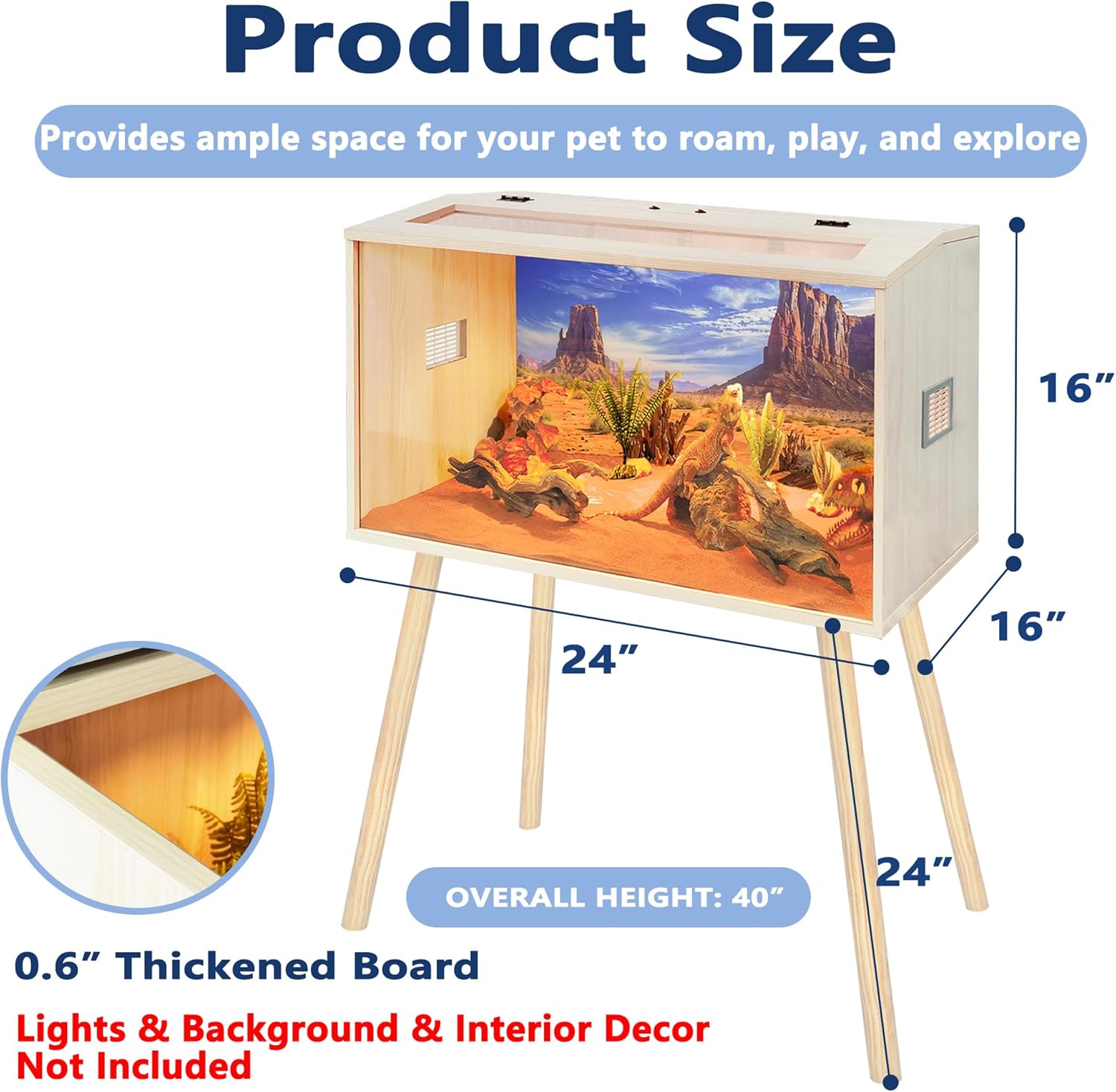 Prolee 26 Gallon Reptile Tank, Tempered Glass Bearded Dragon Tank with Wooden Roof and Lockable Doors, Large Lizard Habitat with Built-in Lamp Fixture for Snakes, Iguanas, Chameleons (Oak)