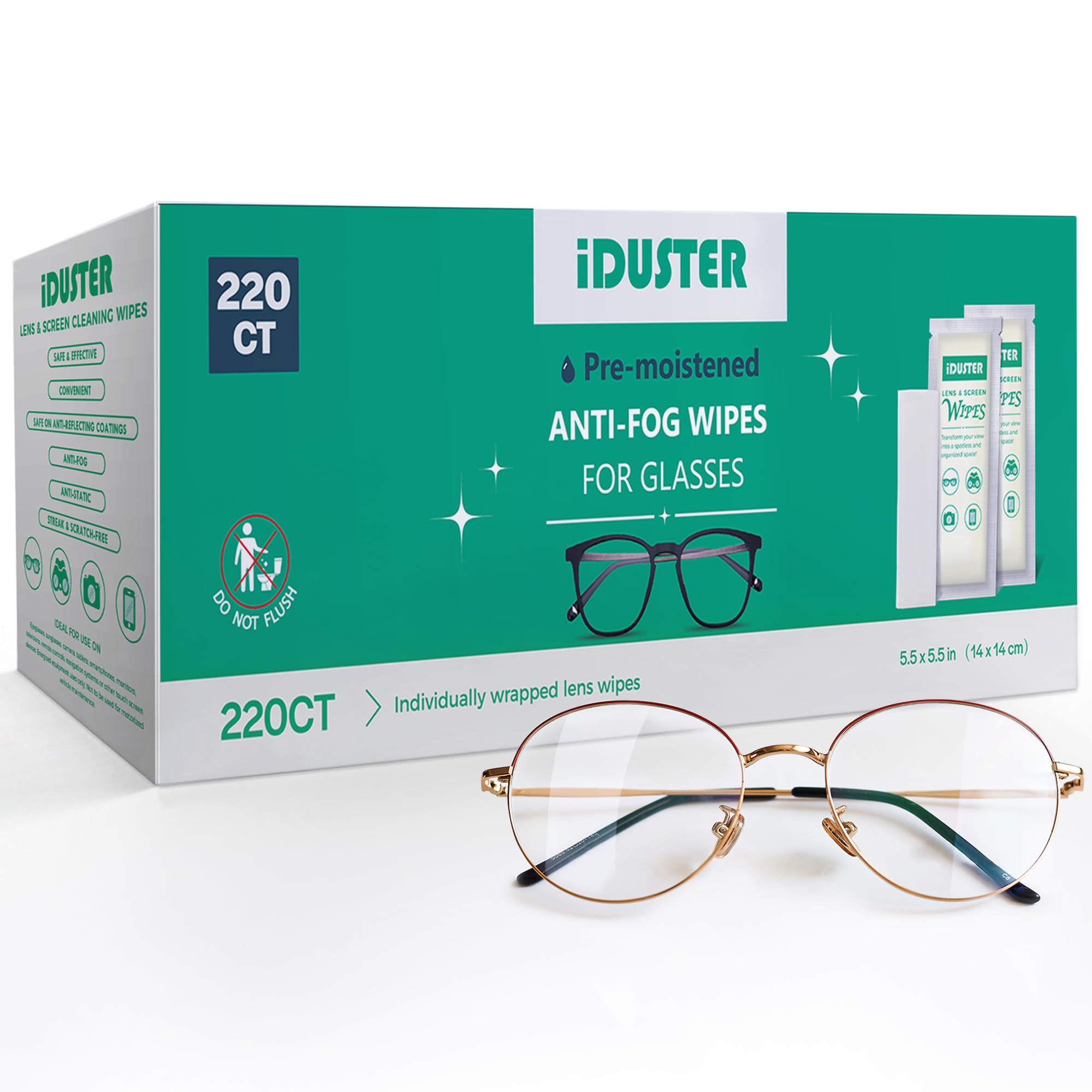iDuster Lens Wipes for Eyeglasses - 220 Individually Wrapped Pre-Moistened Wipes for Glasses, Sunglasses, Camera and Screens, Gentle and Portable for