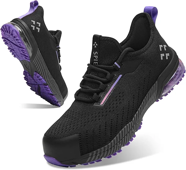 SPIEZ Women‘s Safety Shoes Lightweight - Non Slip Composite Toe Work Shoes with Air Cushion, Slip on Fashion Sneakers for Woman Daily Wear with Arch Support Insole, Black Purple US 5-9.5