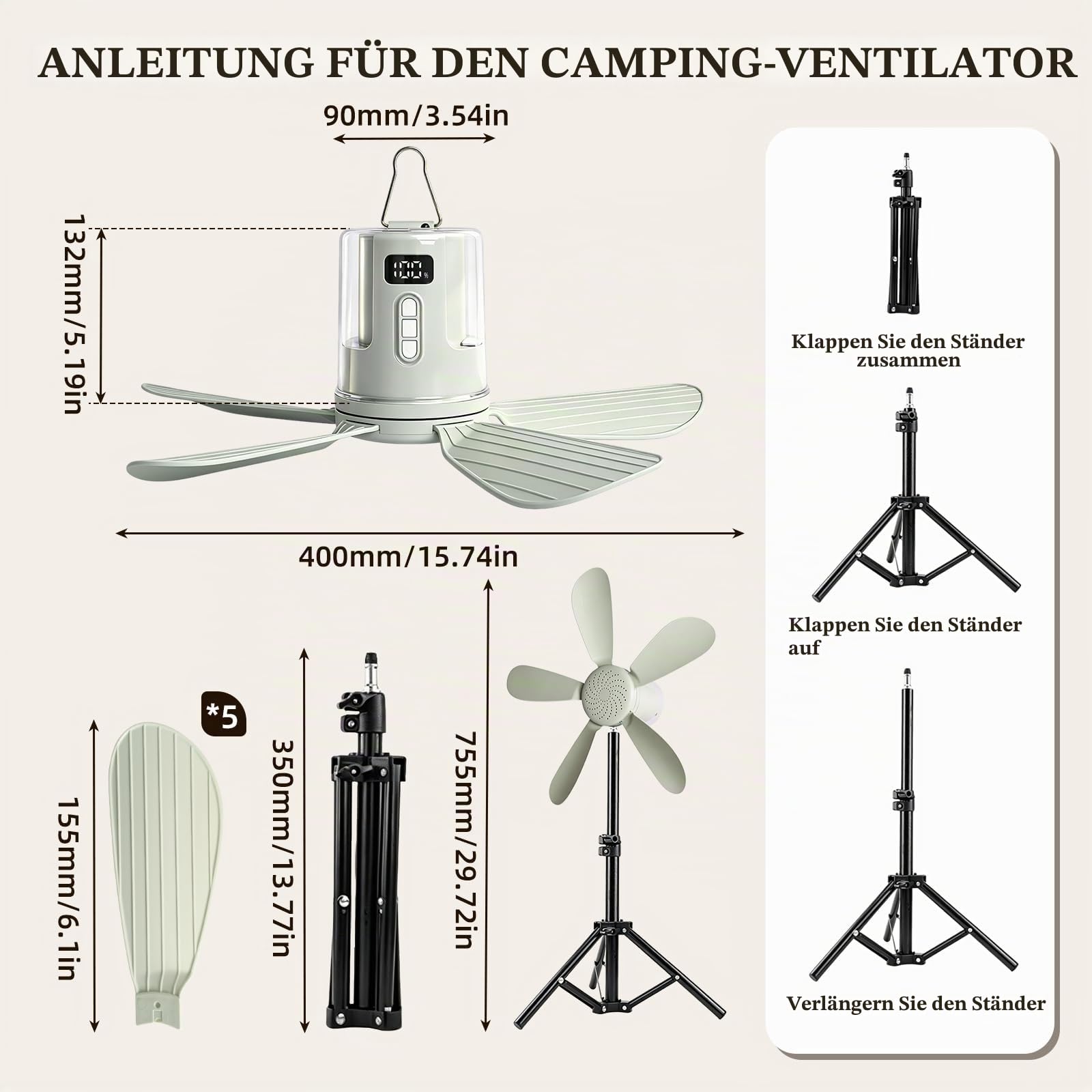 40cm Deckenventilator Akku, 12000mAh wiederaufladbarer Ventilator Lampe Decke mit Fernbedienung & LED Licht, 4 Windstufen und Zeitschaltuhr Leiser Deckenventilator für Hausgebrauch and Freien