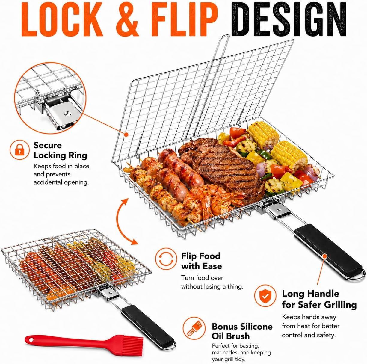 Grill Basket, Grilling Basket Outdoor with Removable Foldable Handle, Stainless BBQ Camping Cooking Tool with Meat Skewers, Oil Brush,Scrub Sponge for Fish, Vegetable, Shrimp for Men Dad Husband image 2