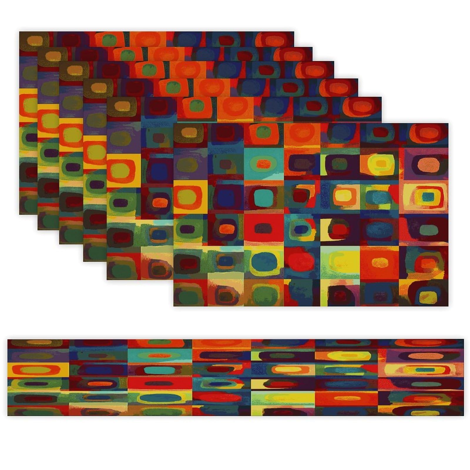 Abstract Art Squares Table Runner and Placemats Set of 6 Wipe Clean Heat Resistant Table Mat with Table Runner Decorations Flax Linen Place Mat Set for Home Kitchen Party Supplies