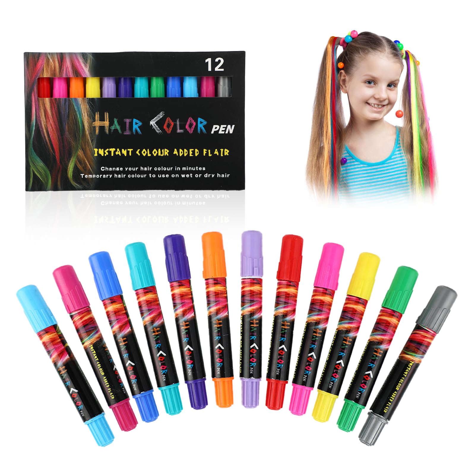 Gessetti per capelli per bambini 12 colori, colore temporaneo capelli lavabile, sicuro, ideale per trucchi per bambina, lacca per capelli Carnevale e colori per capelli per bambini.