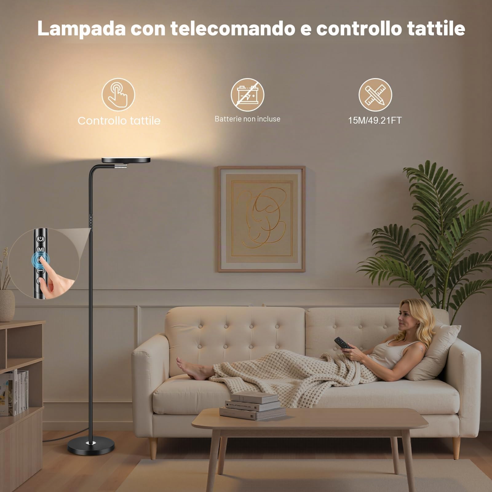 Lampada da Terra LED 36W 3200LM con Telecomando - 5 Tonalità di Colore Regolabile & Luminosità Dimmerabile - Piantana da Lettura Regolabile a 360° per Soggiorno, Camera da Letto, Ufficio - Nero