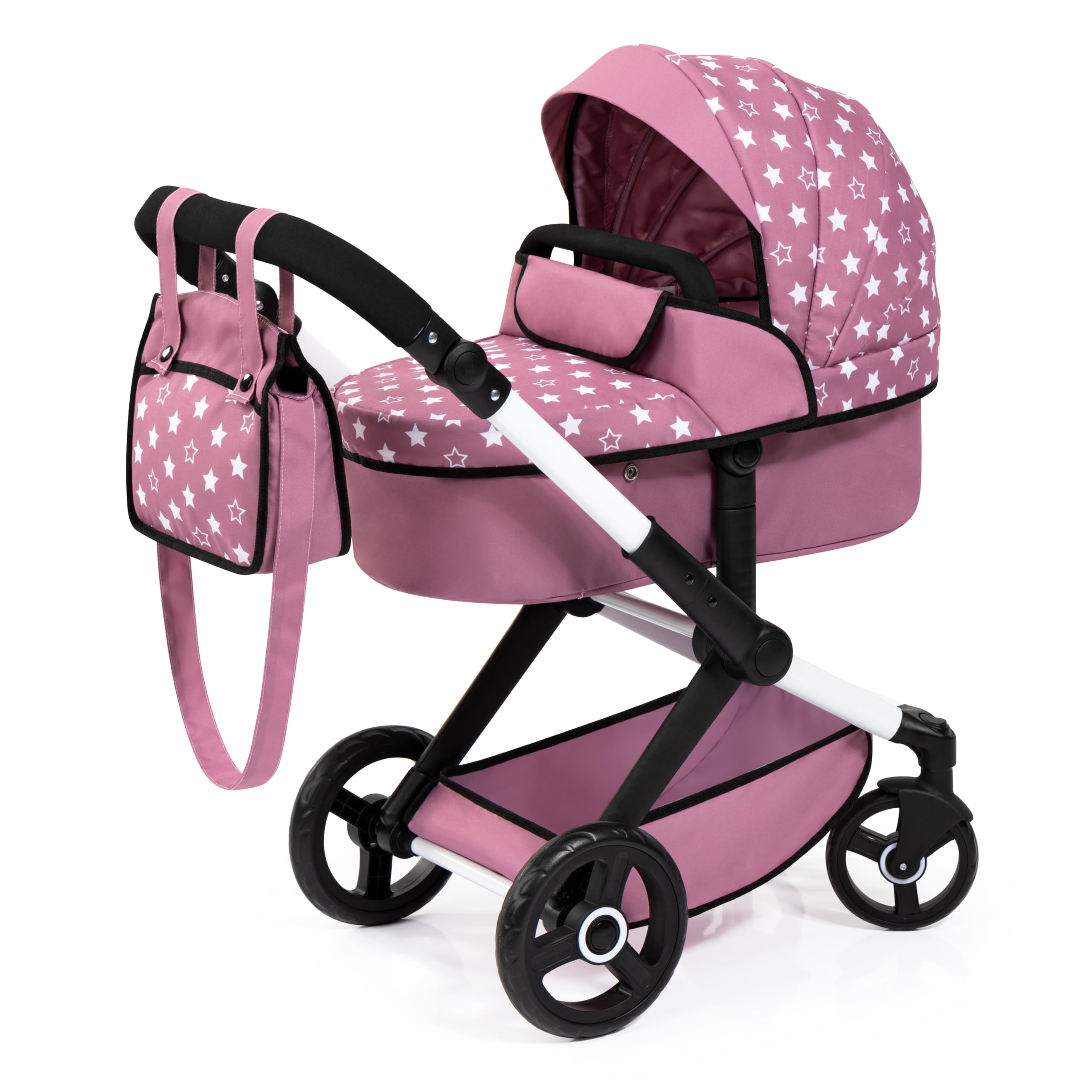 Bayer Baby Dolls Pram XEO - Convertible Doll Pushchair, Carrycot & Changing Bag - Stroller with Adjustable Handle Height for Girls, Tall Dolls Pram for 6+, 3-5 Year Olds - Pink, White Stars โ image 1