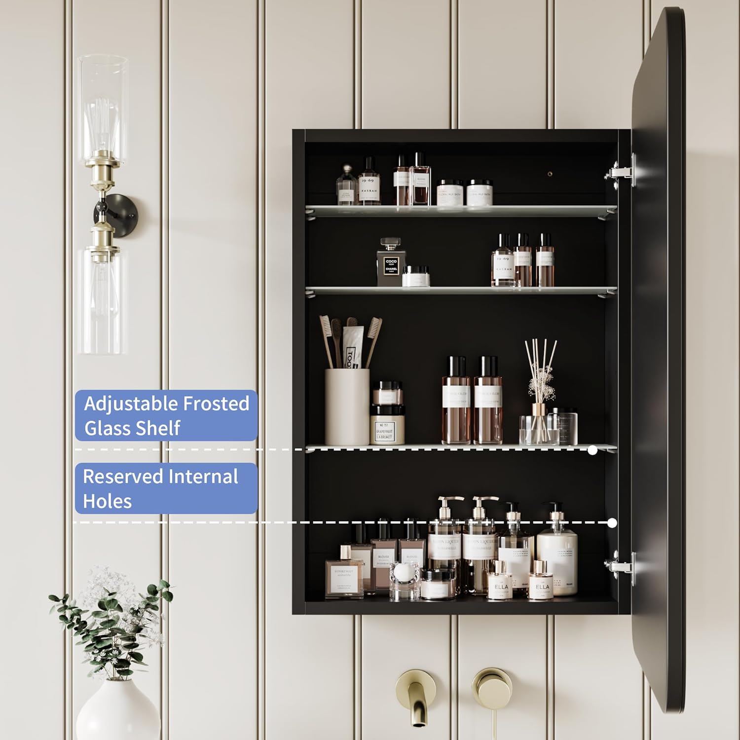 AGDULL Vintage-Style Bathroom Wood Black Cabinet with 17.5''x29'' Curved Mirror, Recessed Medicine Cabinet, Bathroom Storage Cabinet