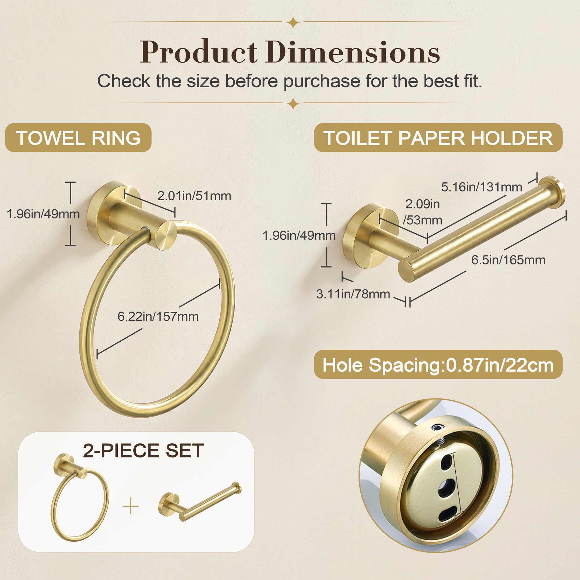 Toilet Paper Holder Towel Ring Brushed Gold Bathroom Hardware Hand Towel Holder Bathroom Accessories Set Wall Mount Stainless Steel 2 Pieces — Amazon image 2