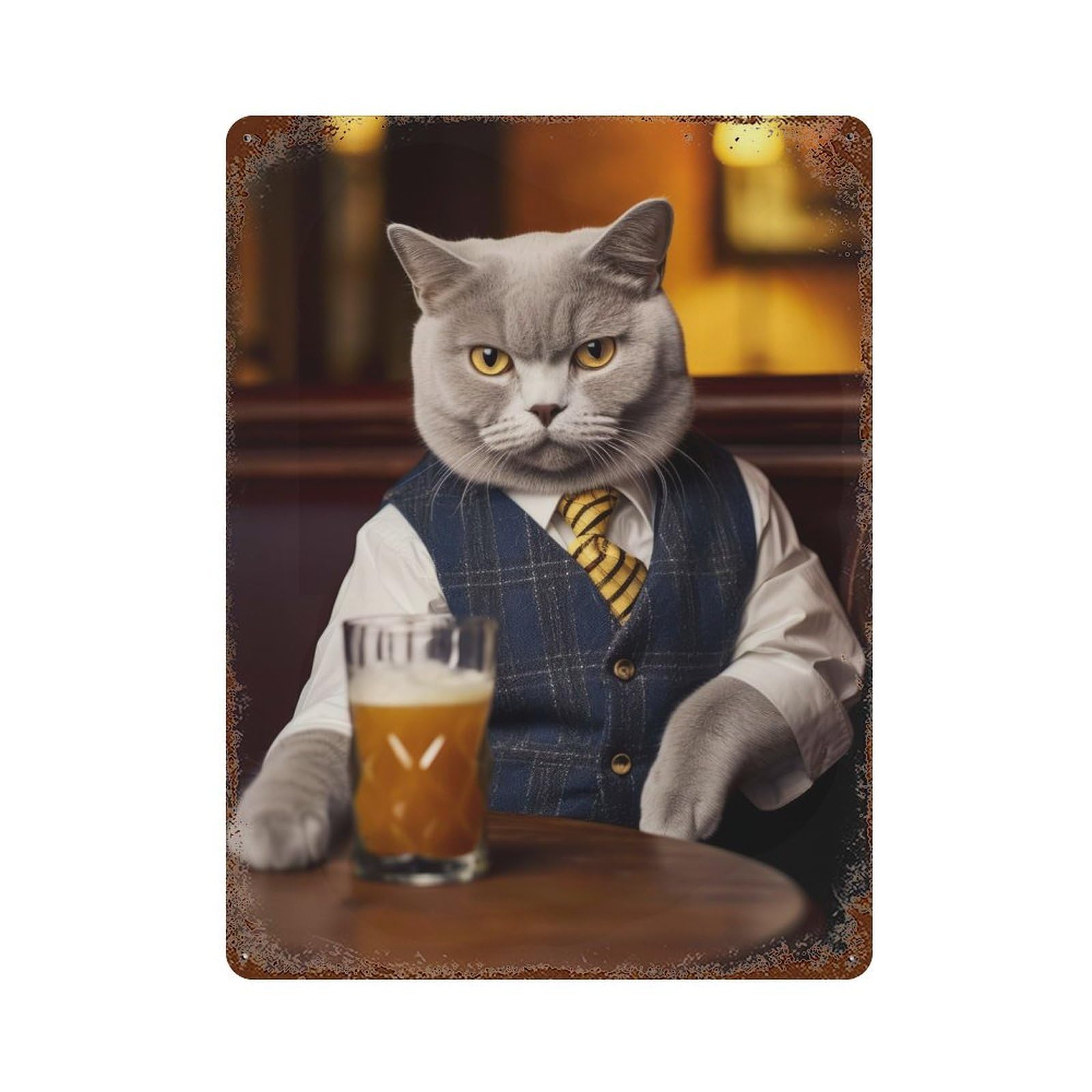 British Shorthair Cat Pub Distressed Metal Wall Sign 15.7"x11.8", Rustic Home Decor for Farmhouse, Kitchen And Entryway Decor