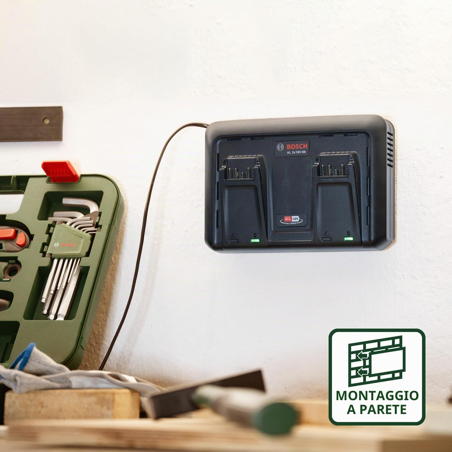 Bosch Caricabatterie AL 2x18V-88 (18V, 2x 4,4A; Carica simultanea di 2 batterie da 18V; 18V POWER FOR ALL ALLIANCE)