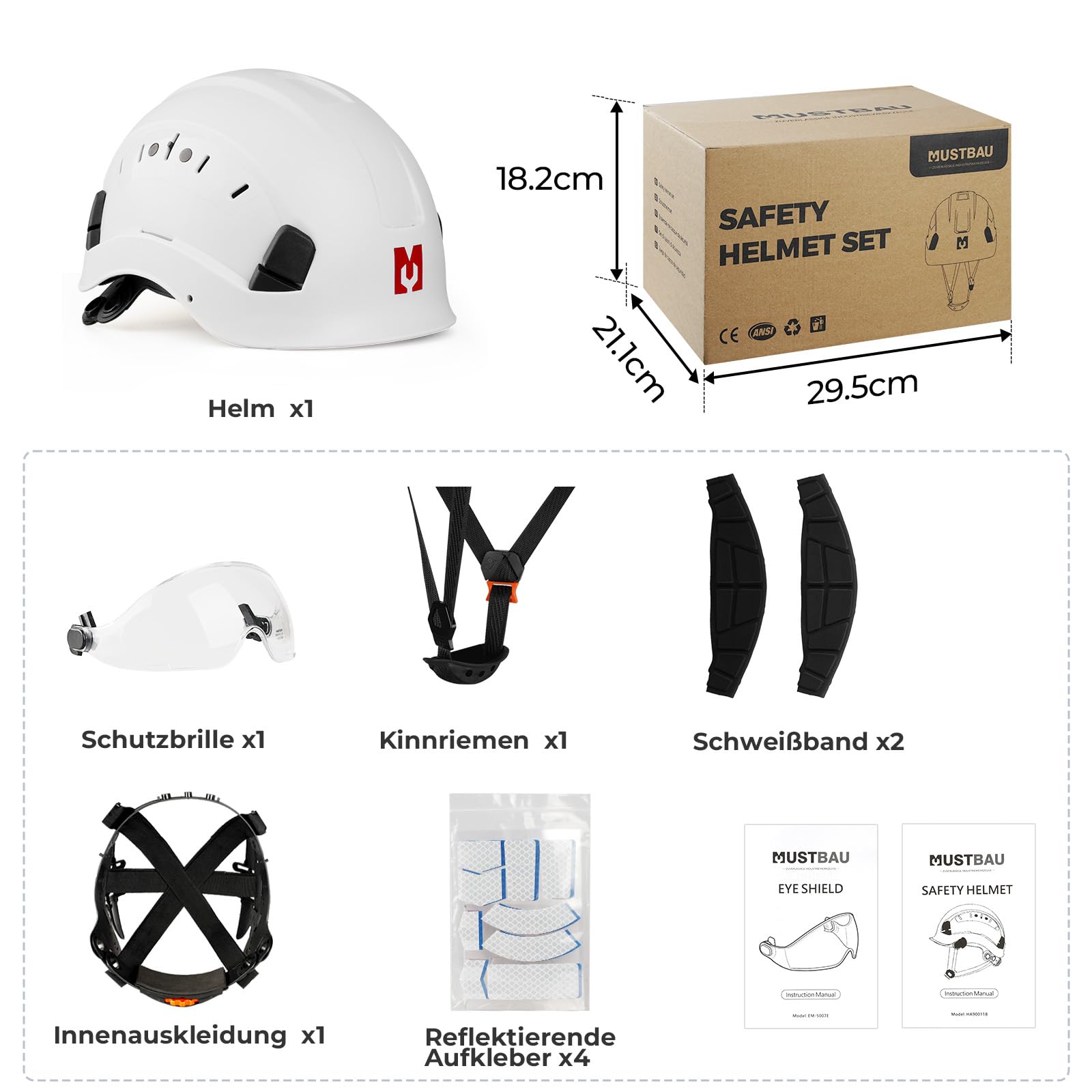 Sicherheitshelm mit Visier, EN397 Schutzhelme mit Schweißband, 53 bis 63cm Verstellbarer Kopfumfang, strapazierfähiges ABS-Material für Männer Frauen