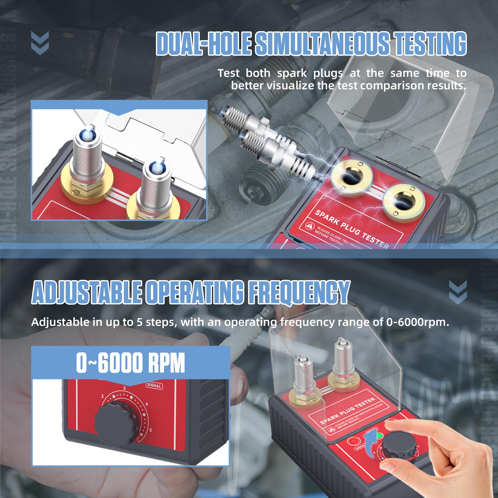 Tester per Candele Automobilistiche a Doppio Foro, BELEY Strumento Tester per Bobine di Accensione a Frequenza Regolabile 0-6000 giri/minuto & Coperchio Protettivo, per Auto e Moto a 12 V (Rosso)