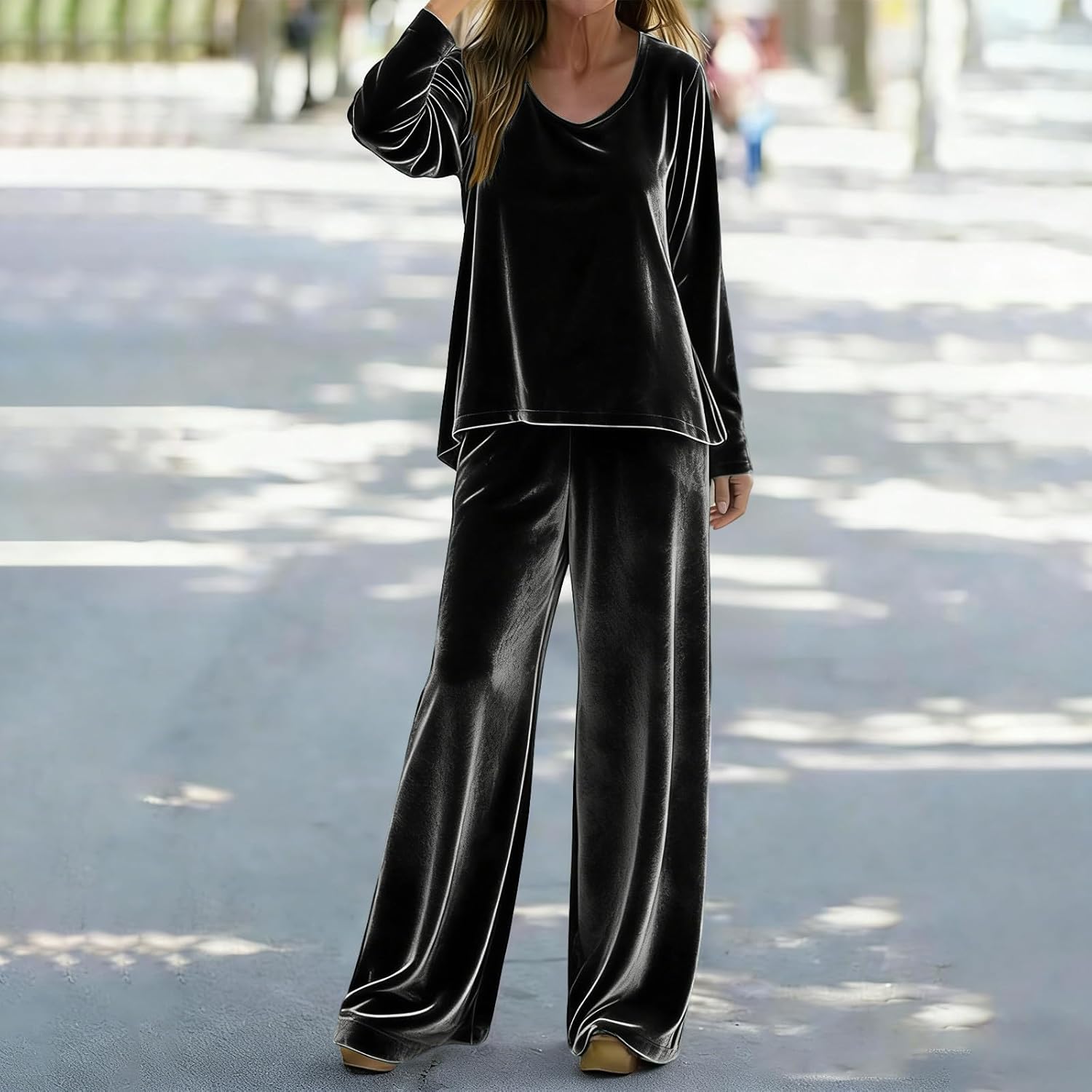 Oplxuo Women Velvet Pajama Set Casual Long Sleeve V Neck Top and Wide Leg Pants 2 Piece Loungewear Velour Track Suits