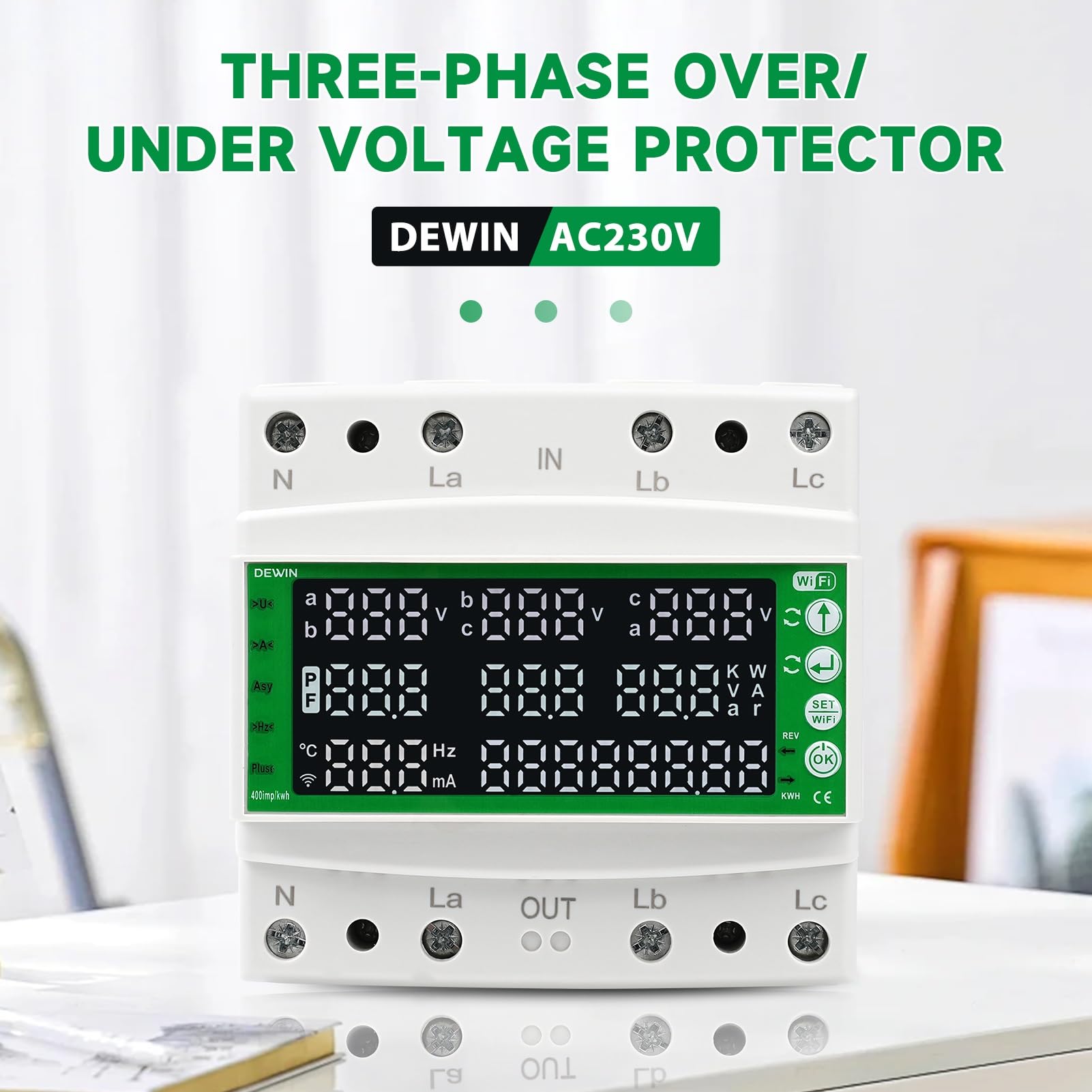 DEWIN Contatore elettrico 3 fasi, contatore di corrente trifase 3 fasi WiFi Smart Protector con funzioni di protezione da sovratensione, sottotensione, sovracorrente e corrente residua AC 60-300V