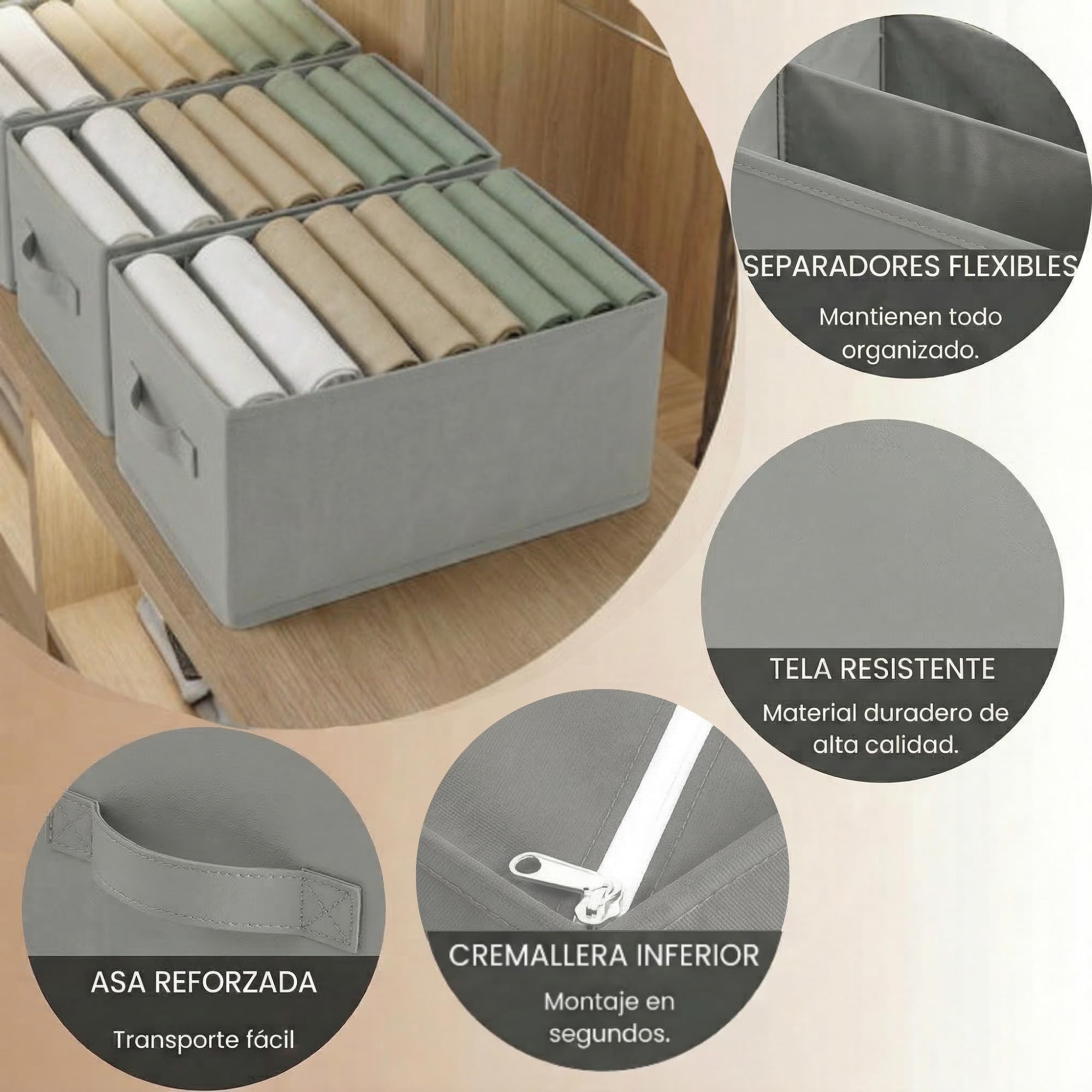 edihome, Organizador Armario, Separadores de Cajones para Camisetas y Ropa Interior, con Compartimentos, Cajas Organizadoras Armarios (Gris Claro, Pack 3-8 Compartimentos)