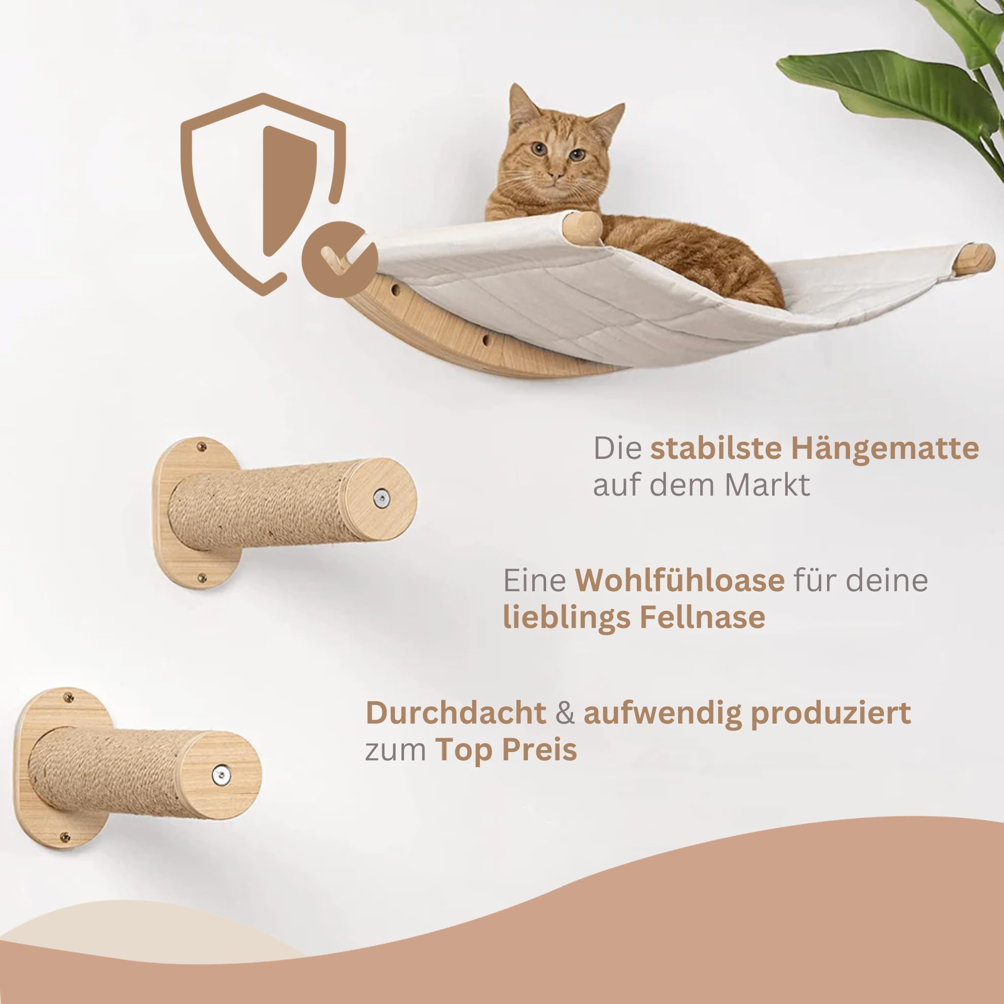 AZANO® Kletterwand Katzen | Katzenhängematte XL [Extra Stabil und Groß] mit Katzentreppe für die Wand | Katzenleiter mit Schlafplatz | Katzenbett zum Klettern aus Natur-Holz | 3-Teilig