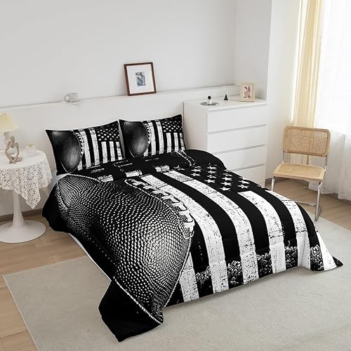 Miniatura 3 de Juego de edredón de fútbol para niños y adolescentes, juego de ropa de cama con bandera estadounidense, juego de pelota de rugby grunge, decoración